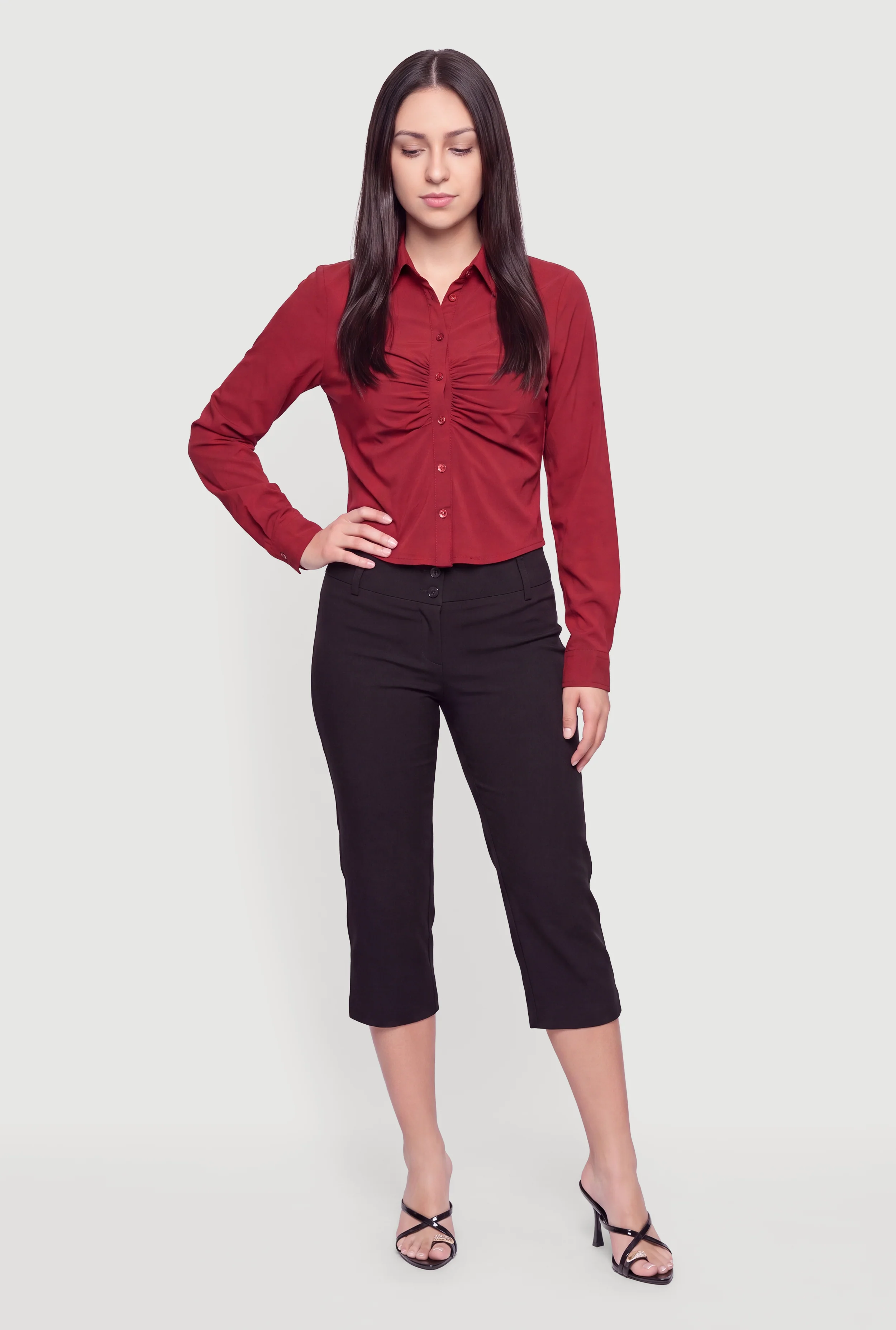Ruched Button Front Long Sleeve Shirt