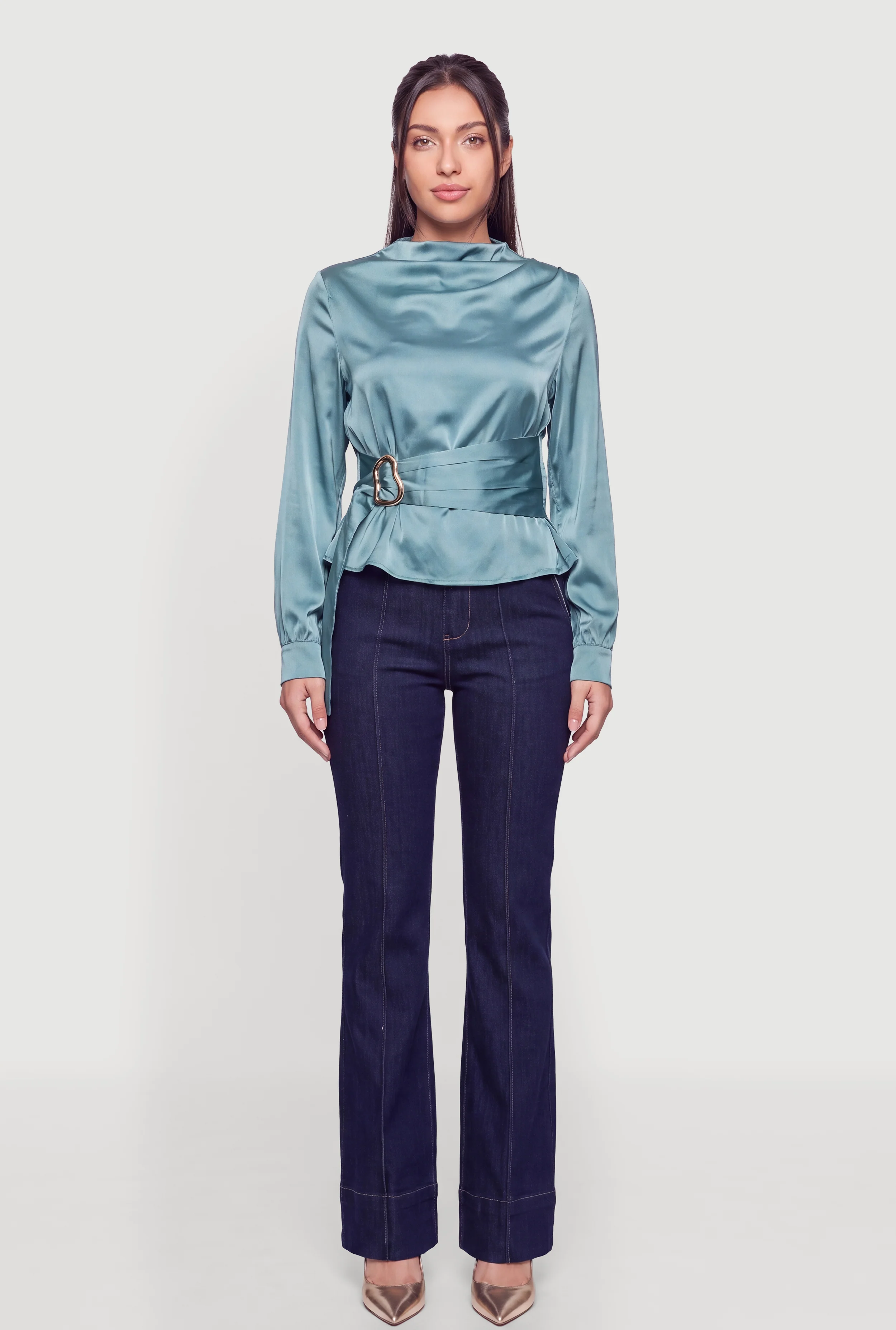 Satin Metallic Tie Front Detail Funnel Neck Blouse