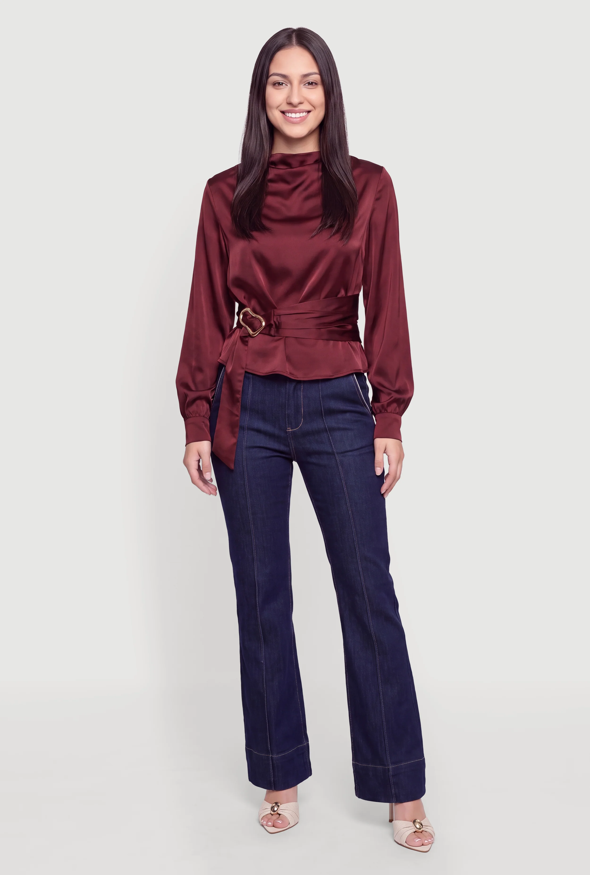 Satin Metallic Tie Front Detail Funnel Neck Blouse