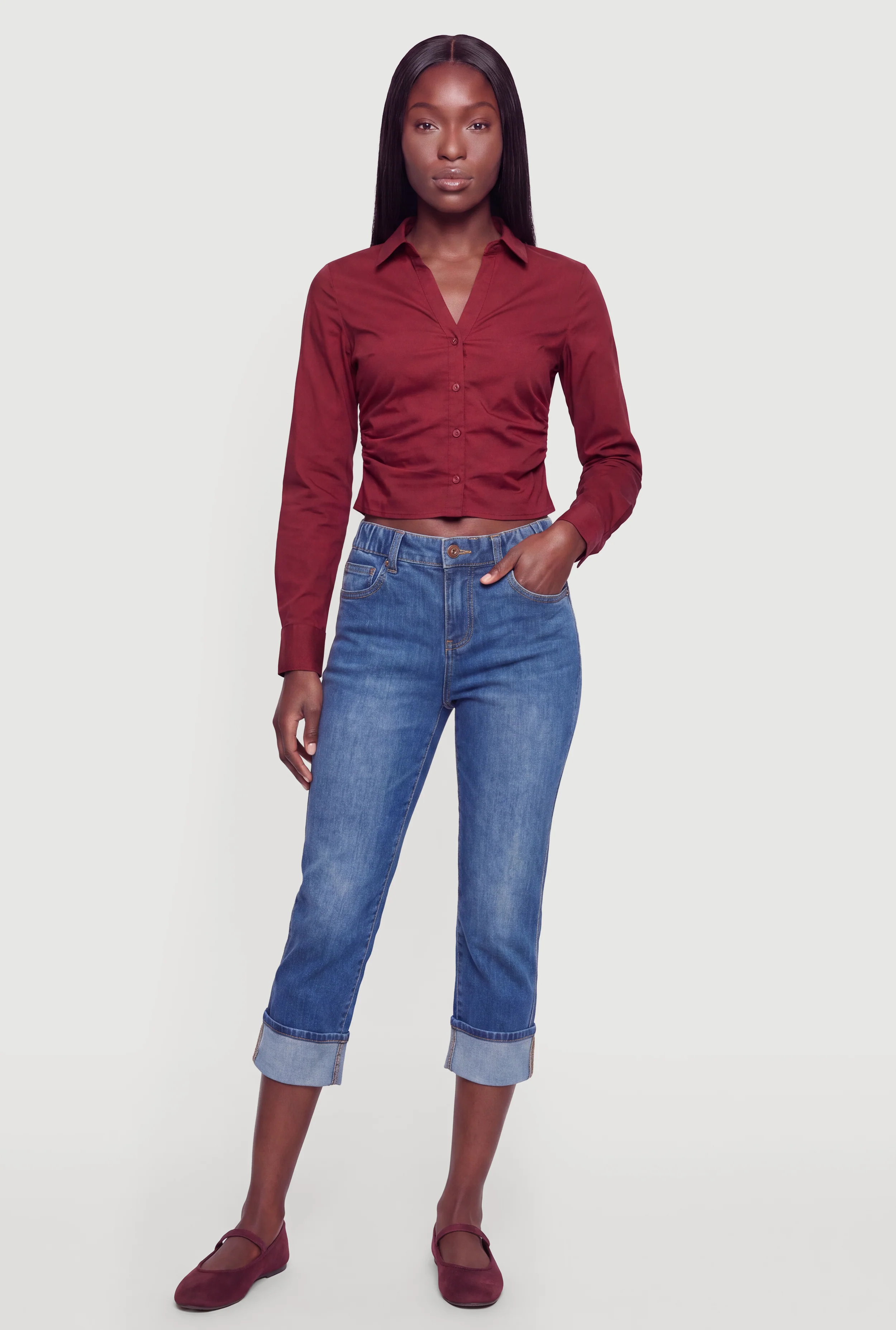Poplin Ruched Side Button Front Shirt