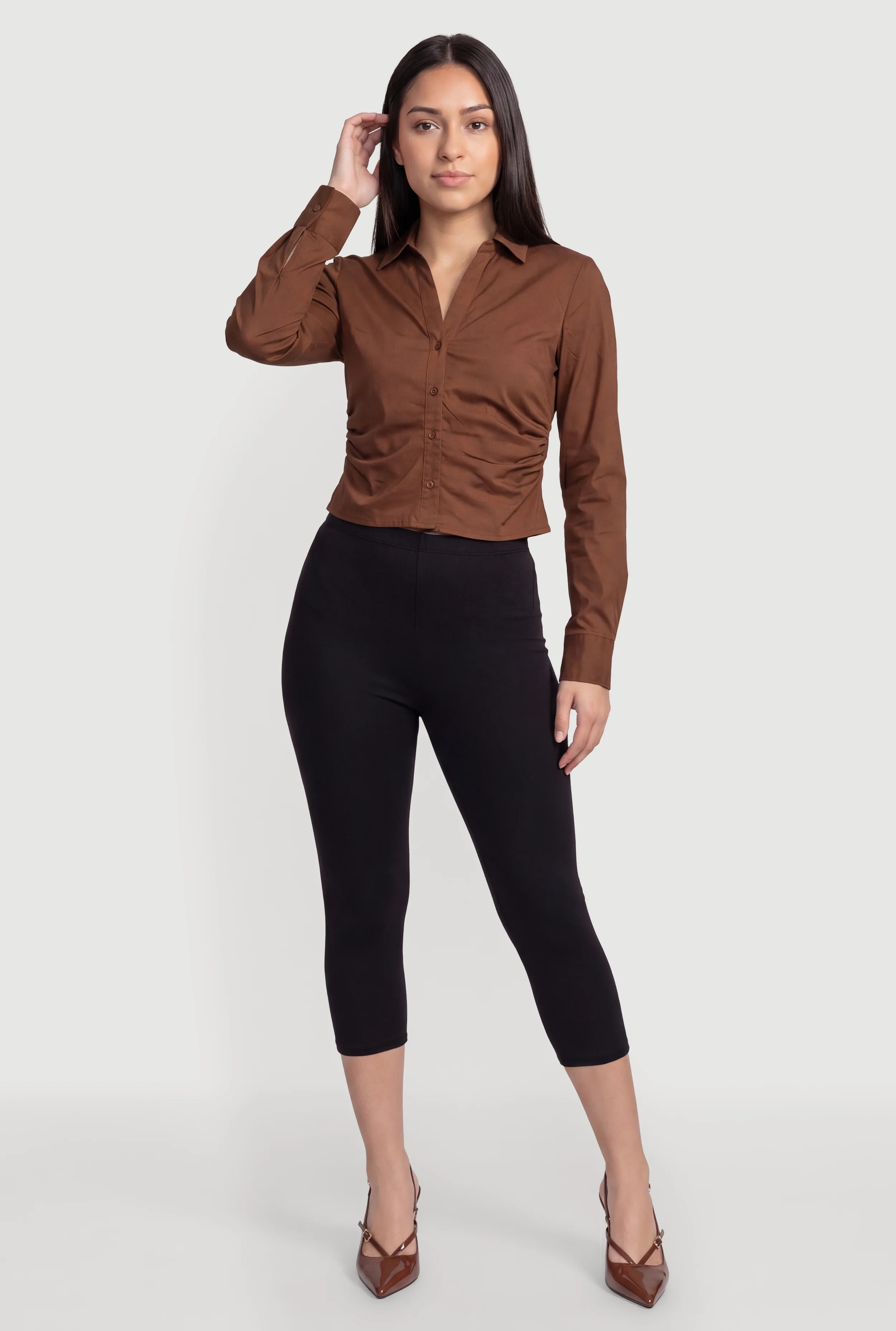 Poplin Ruched Side Button Front Shirt