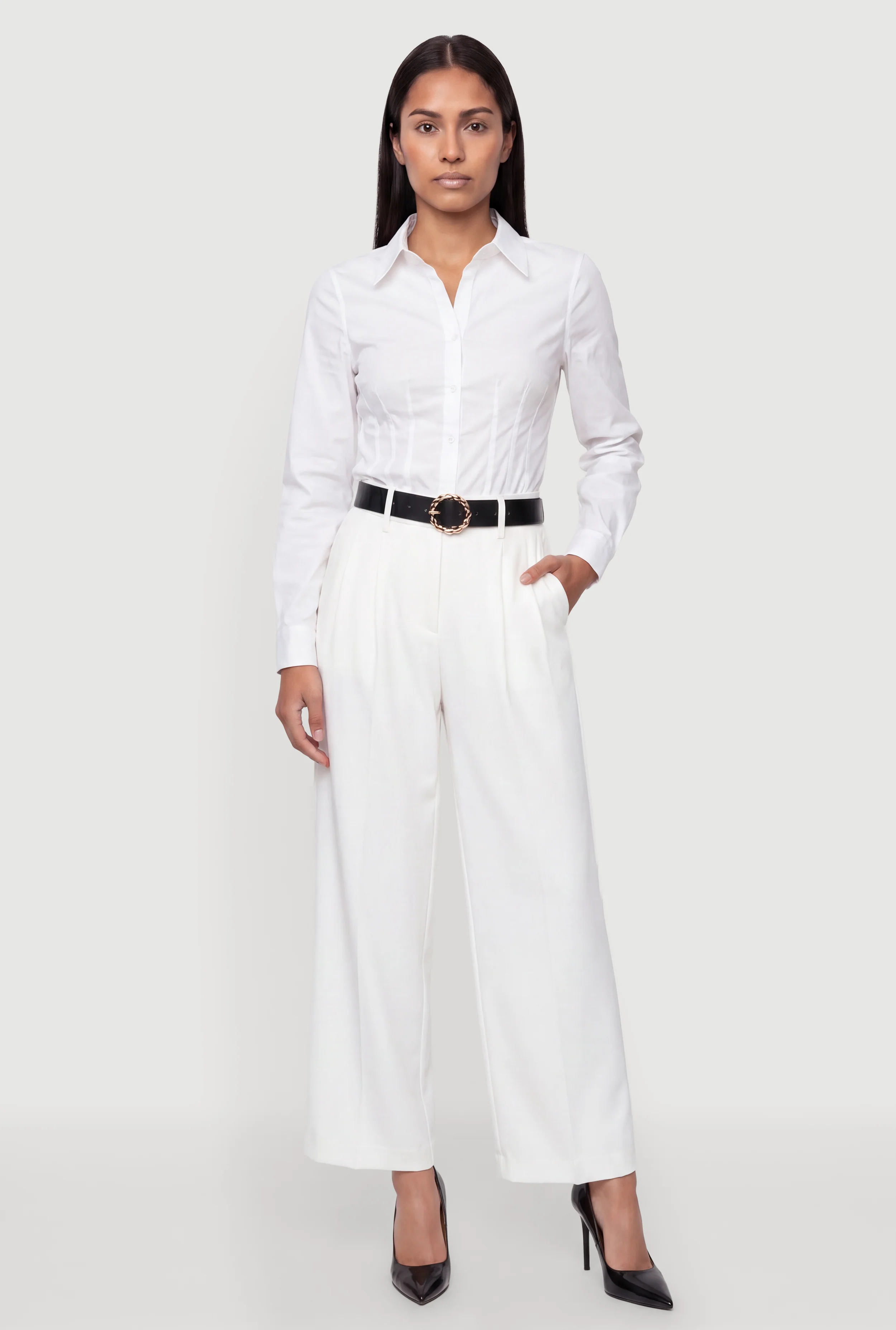 Poplin Long Sleeve Button Front Blouse