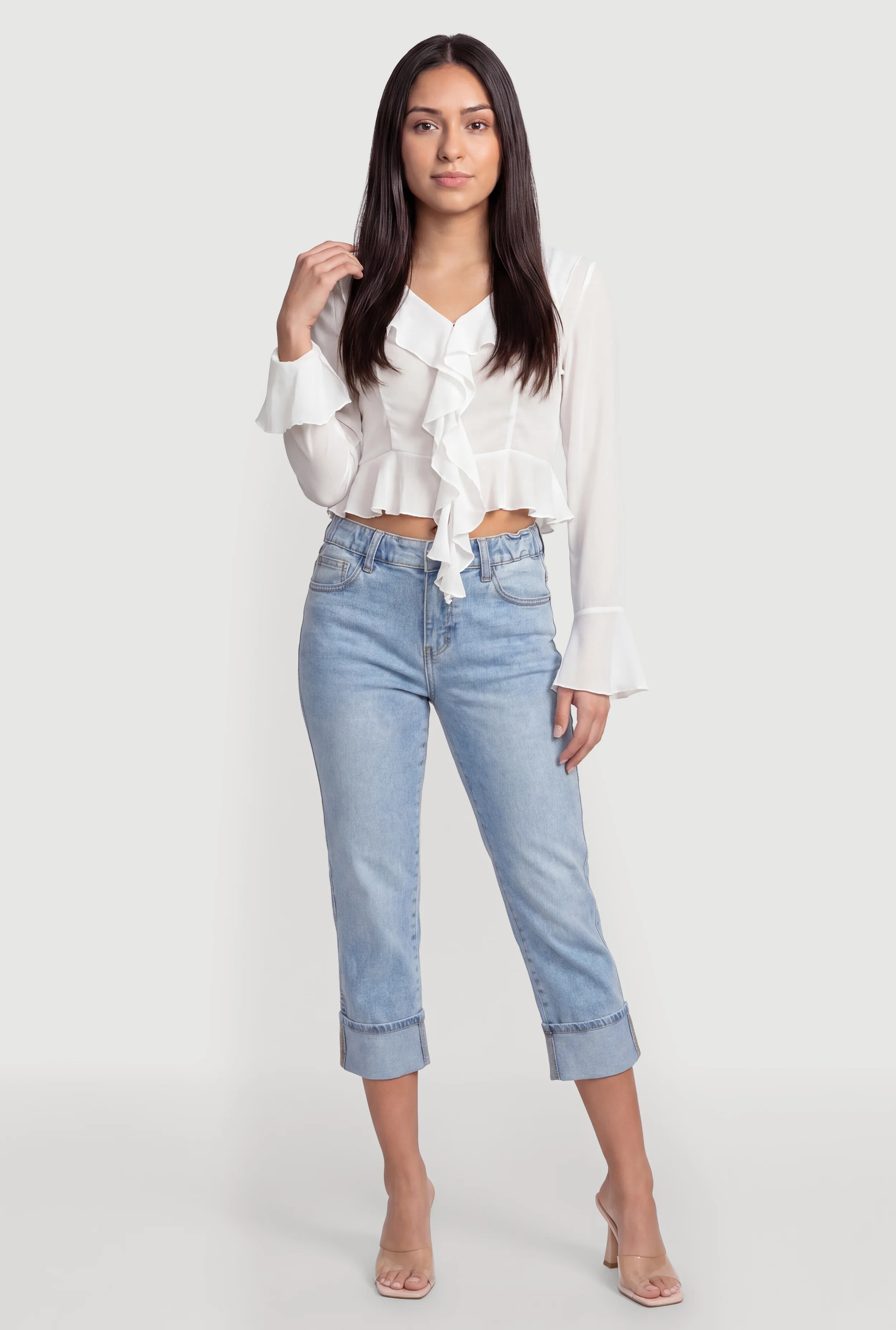 Metallic Button Front Ruffle Trim Chiffon Crop Top