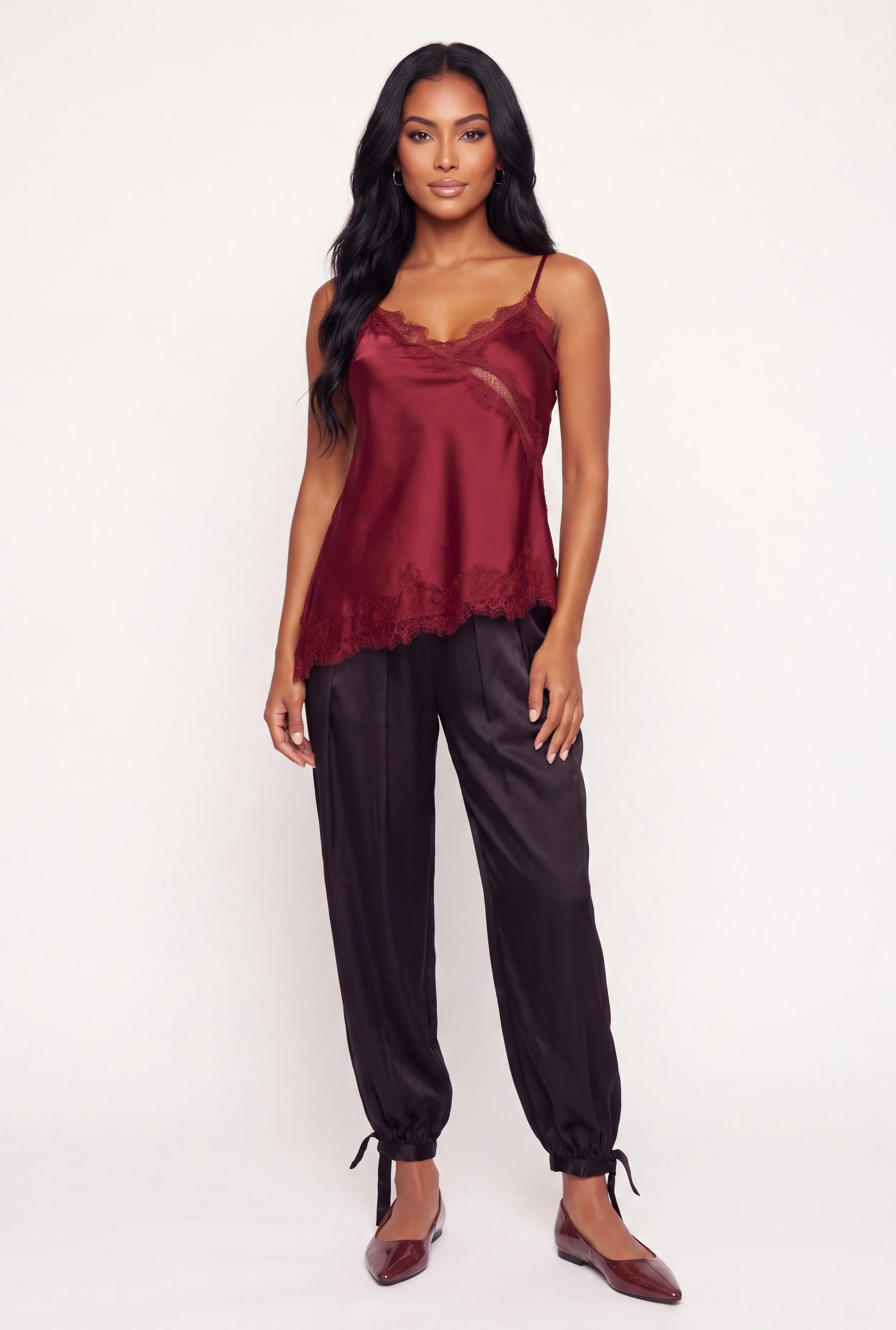 Lace Trim Satin V-Neck Cami