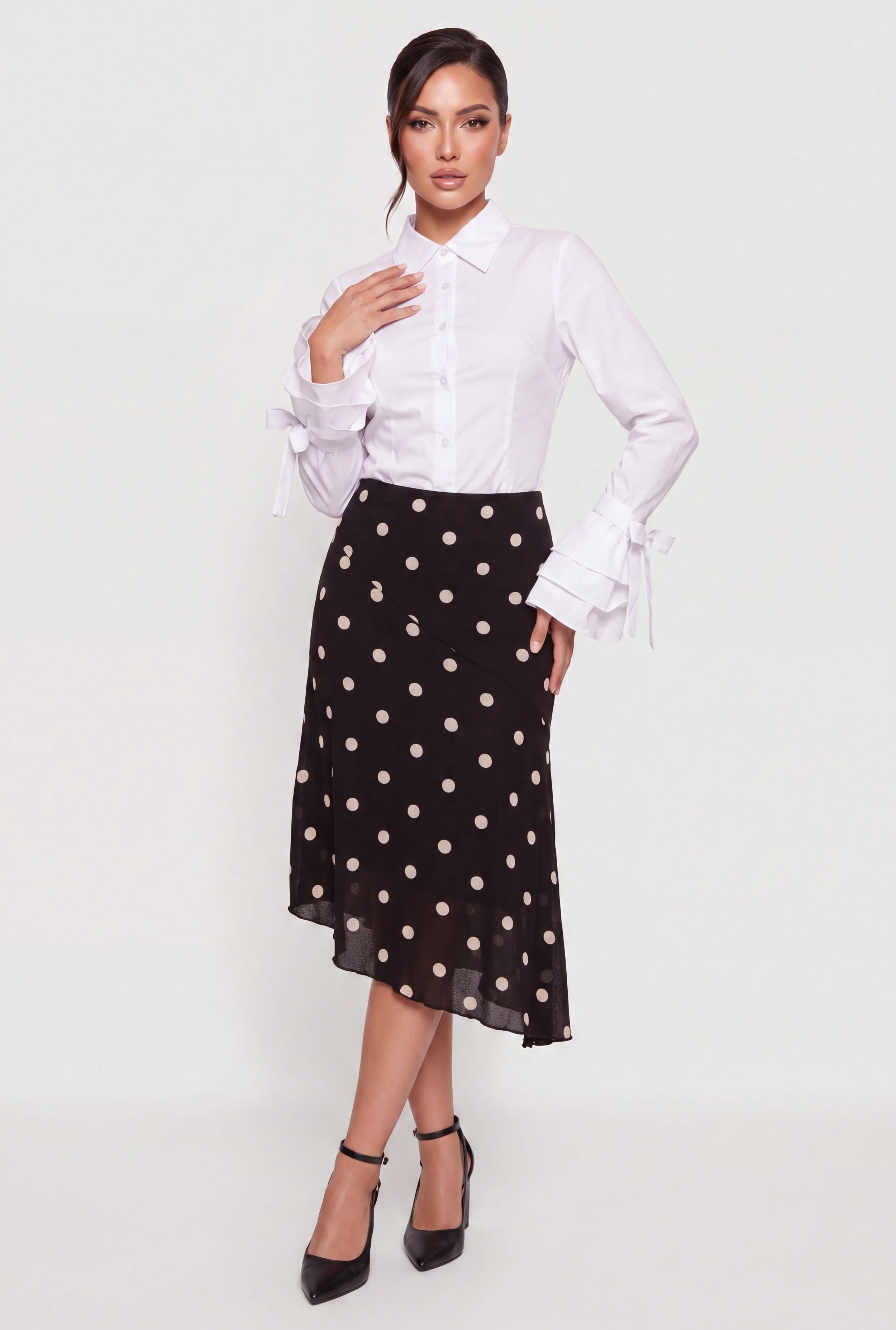 Bow Tie Tiered Ruffle Sleeve Button Front Shirt