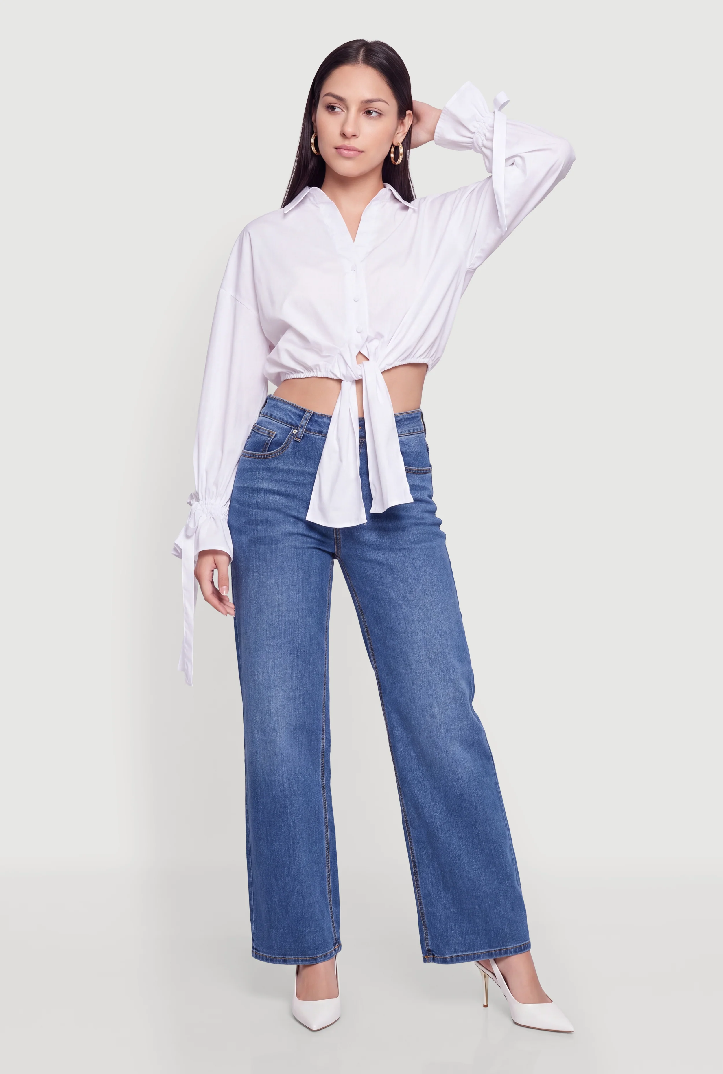Cropped Tie Front Drop Shoulder Shirt