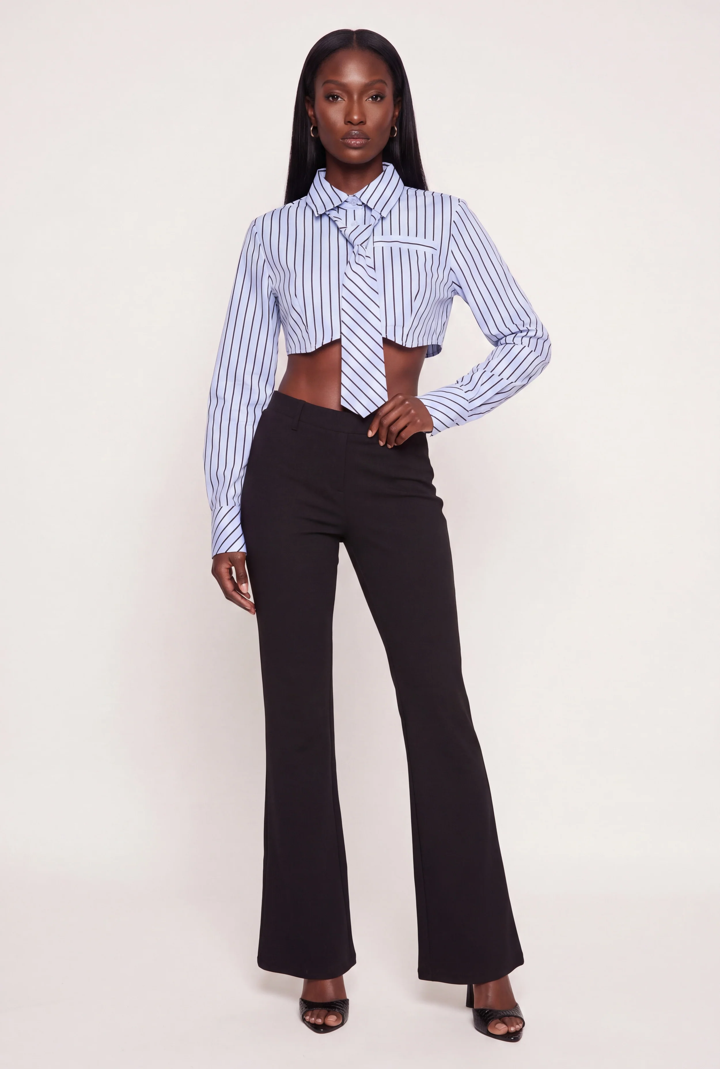 Striped Long Sleeve Cropped Shirt with Neck Tie