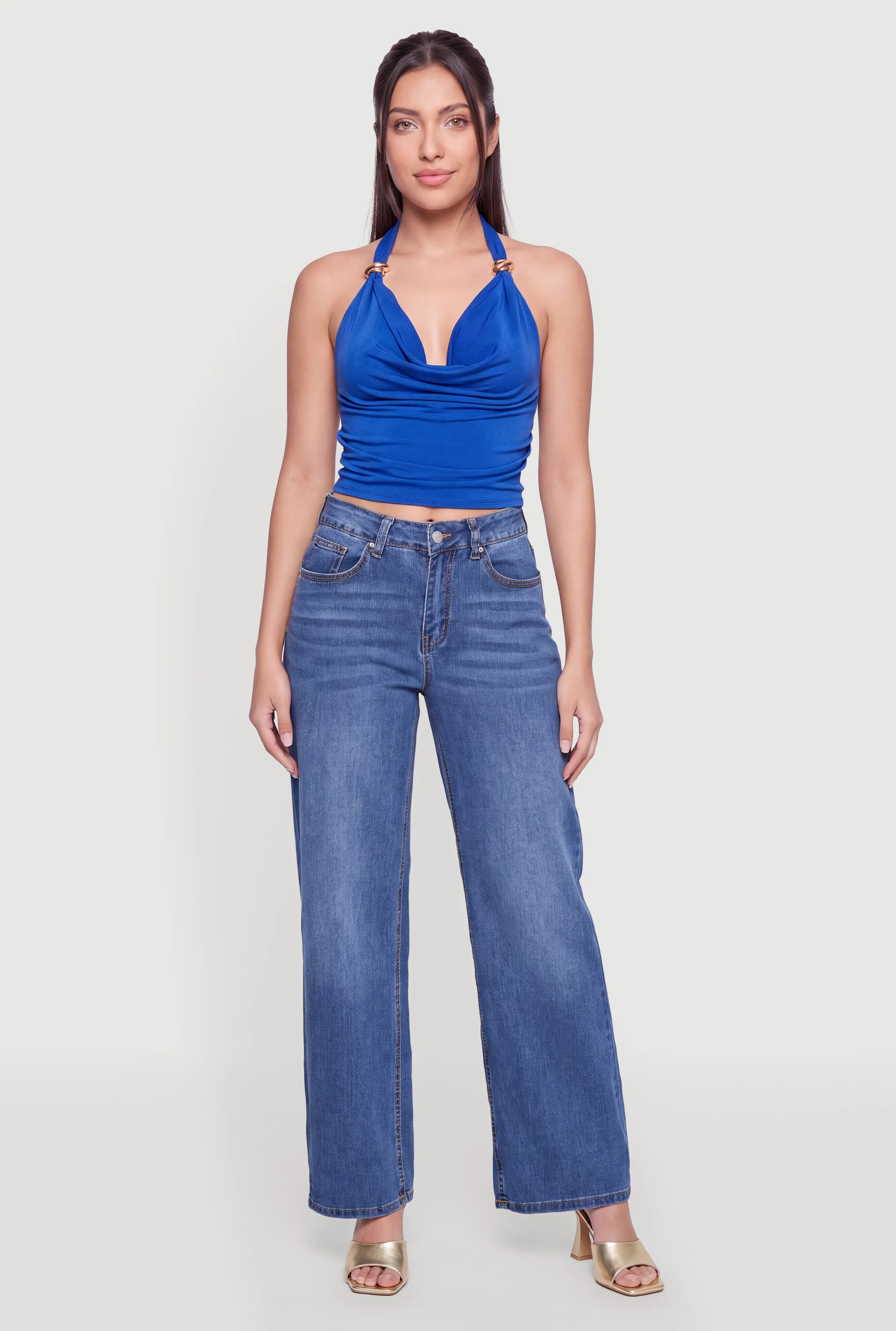 Metallic Detail Cowl Neck Halter Top