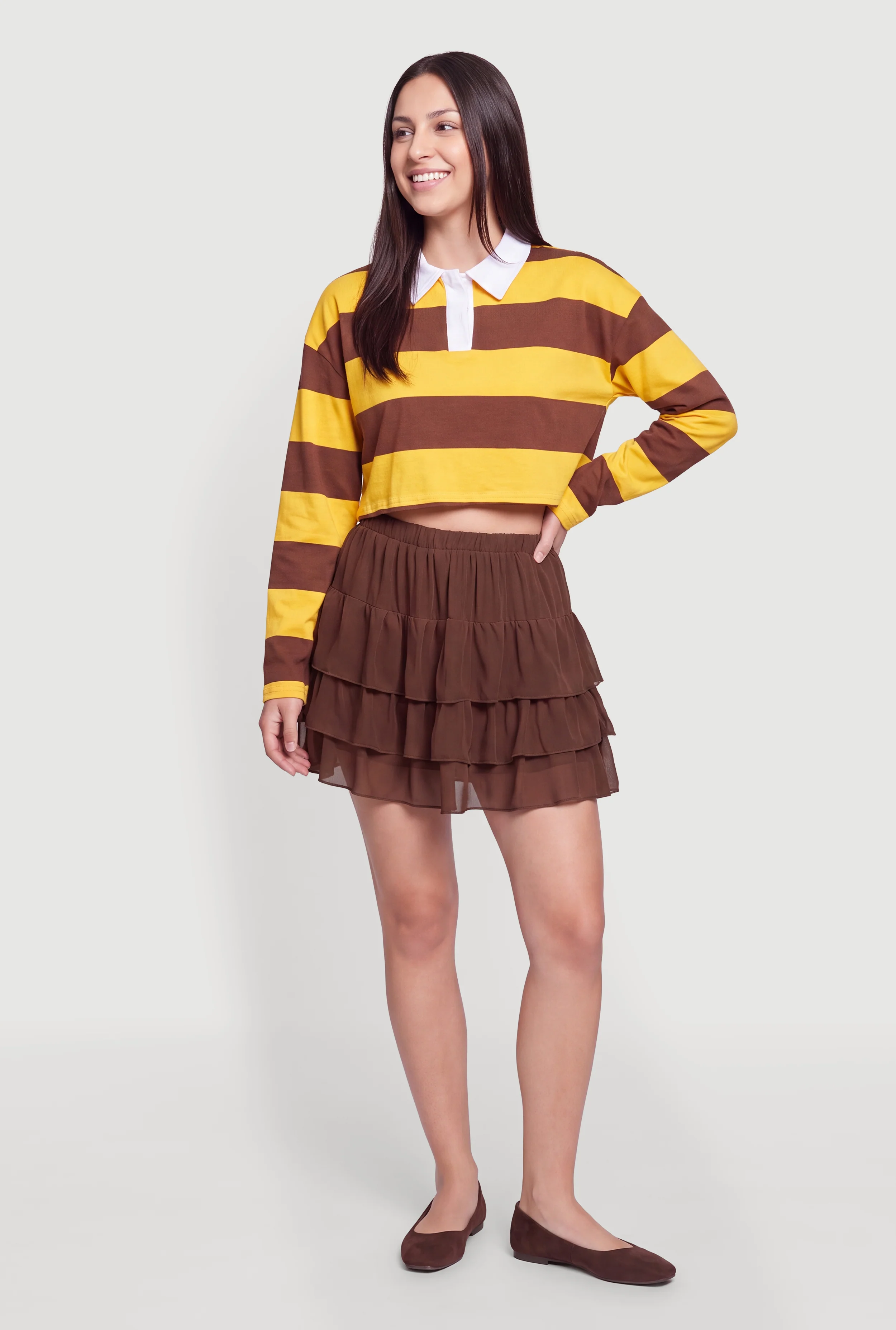 Long Sleeve Striped Rugby Polo Crop Top