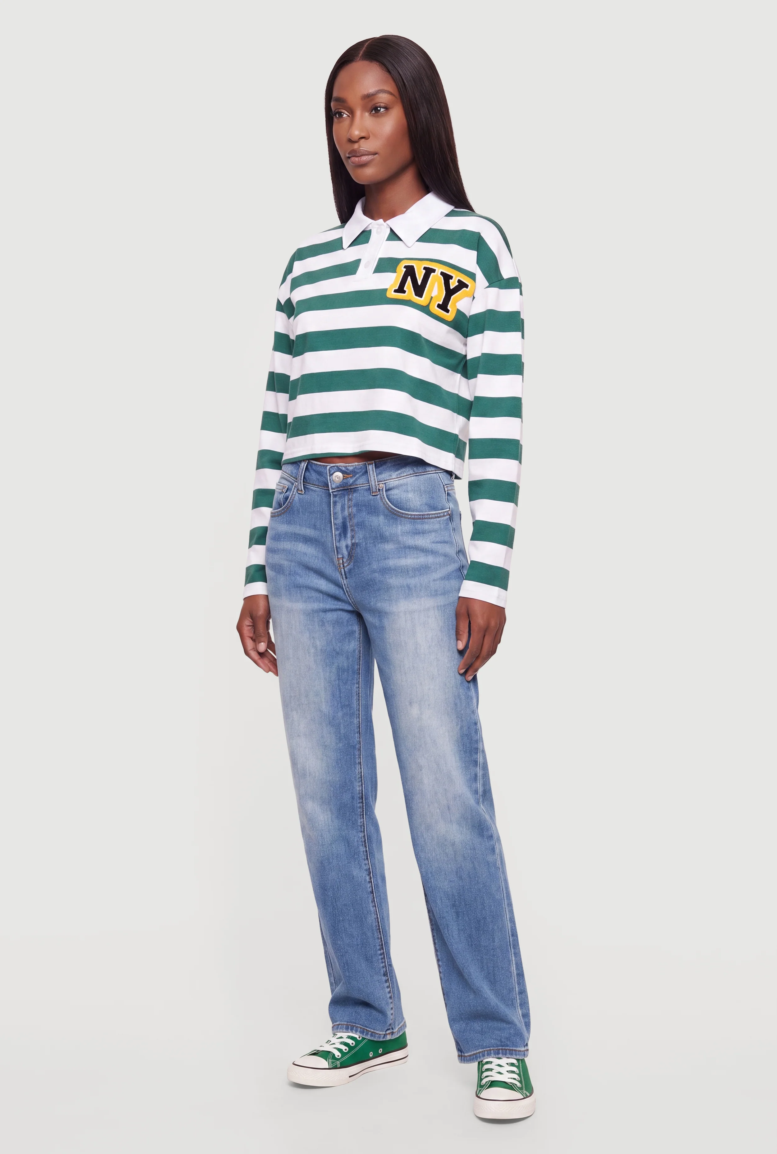 Striped NY Patch Long Sleeve Crop Polo Top