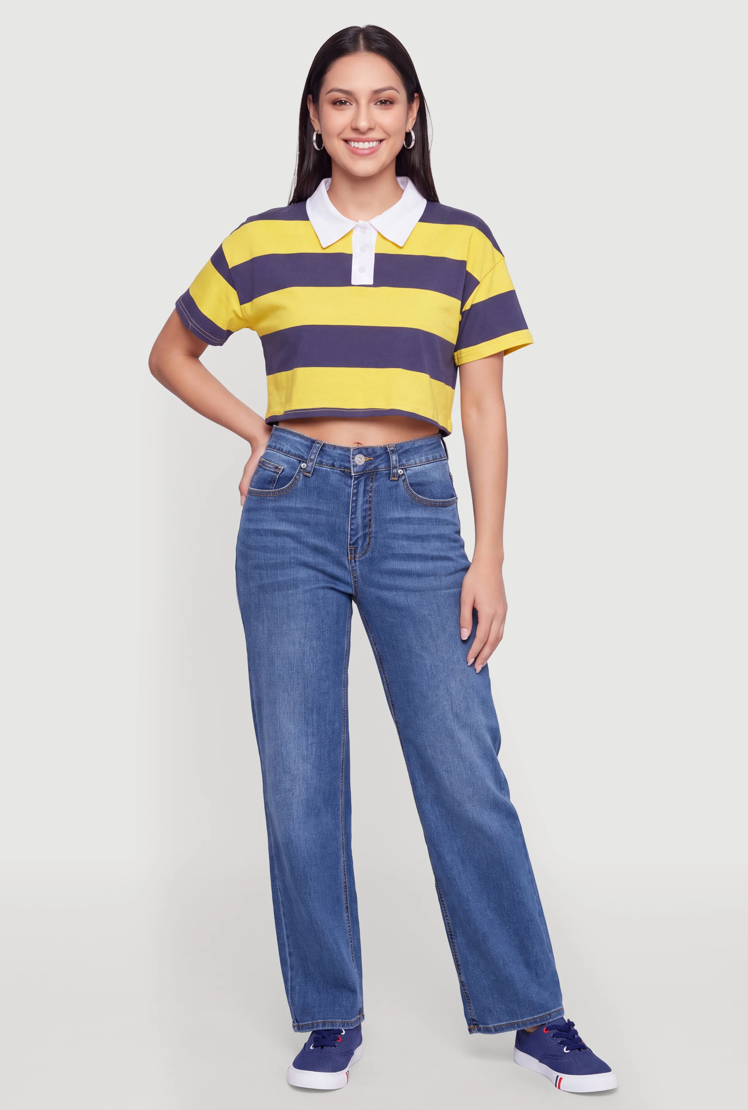 Striped Cropped Rugby Polo Shirt