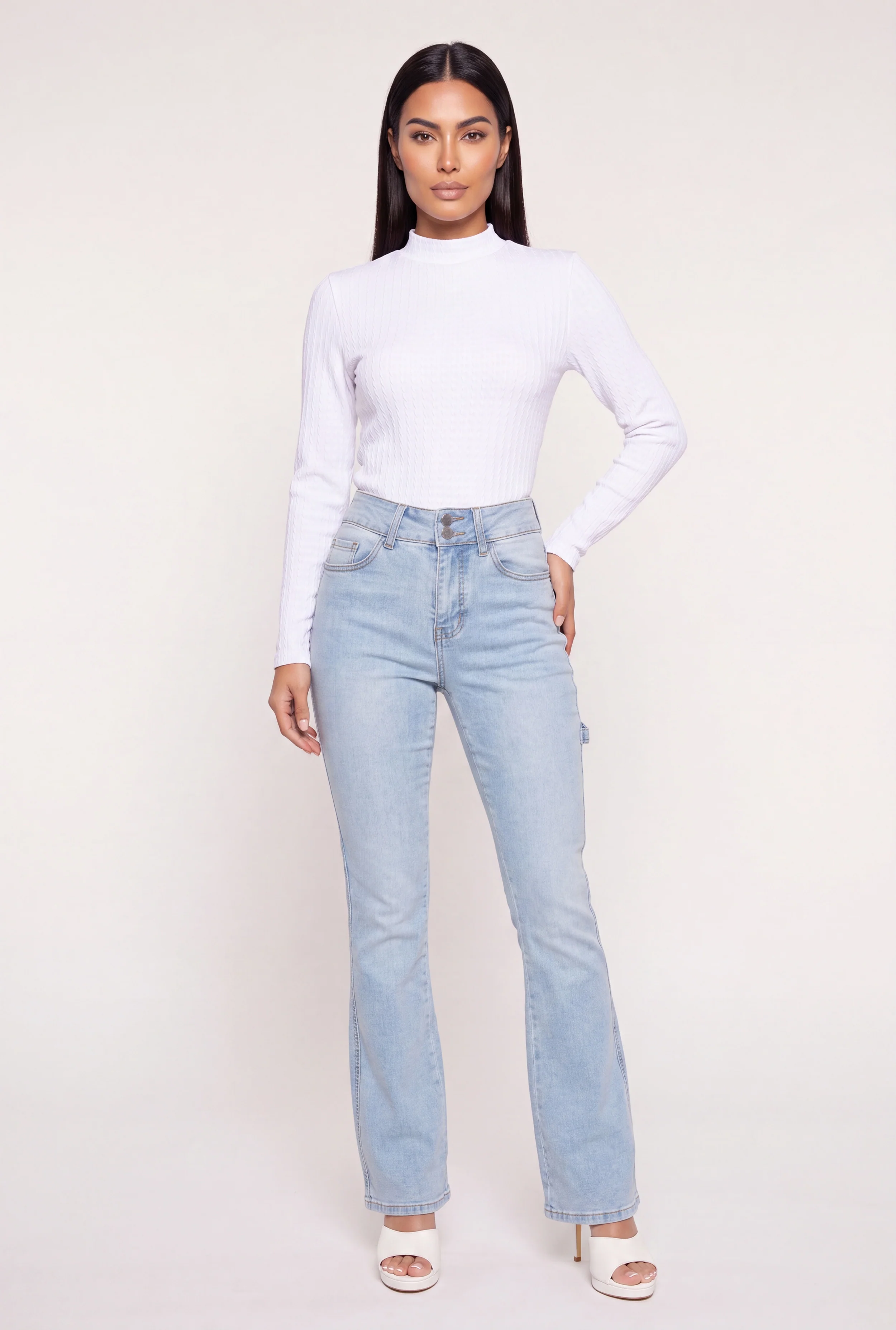 Seamless Cable Knit Mock Neck Long Sleeve Top