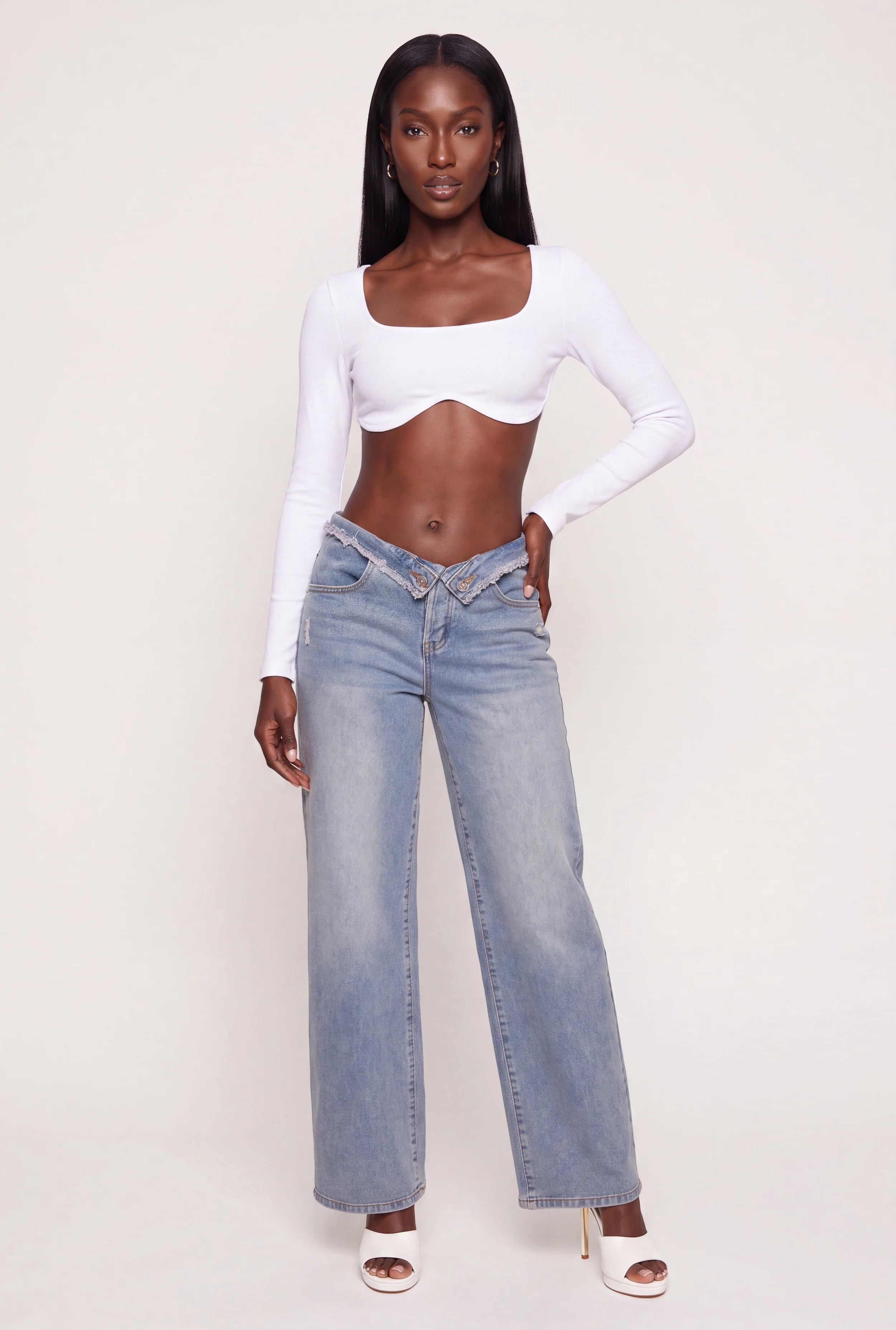 Ribbed Long Sleeve Square Neck Crop Top