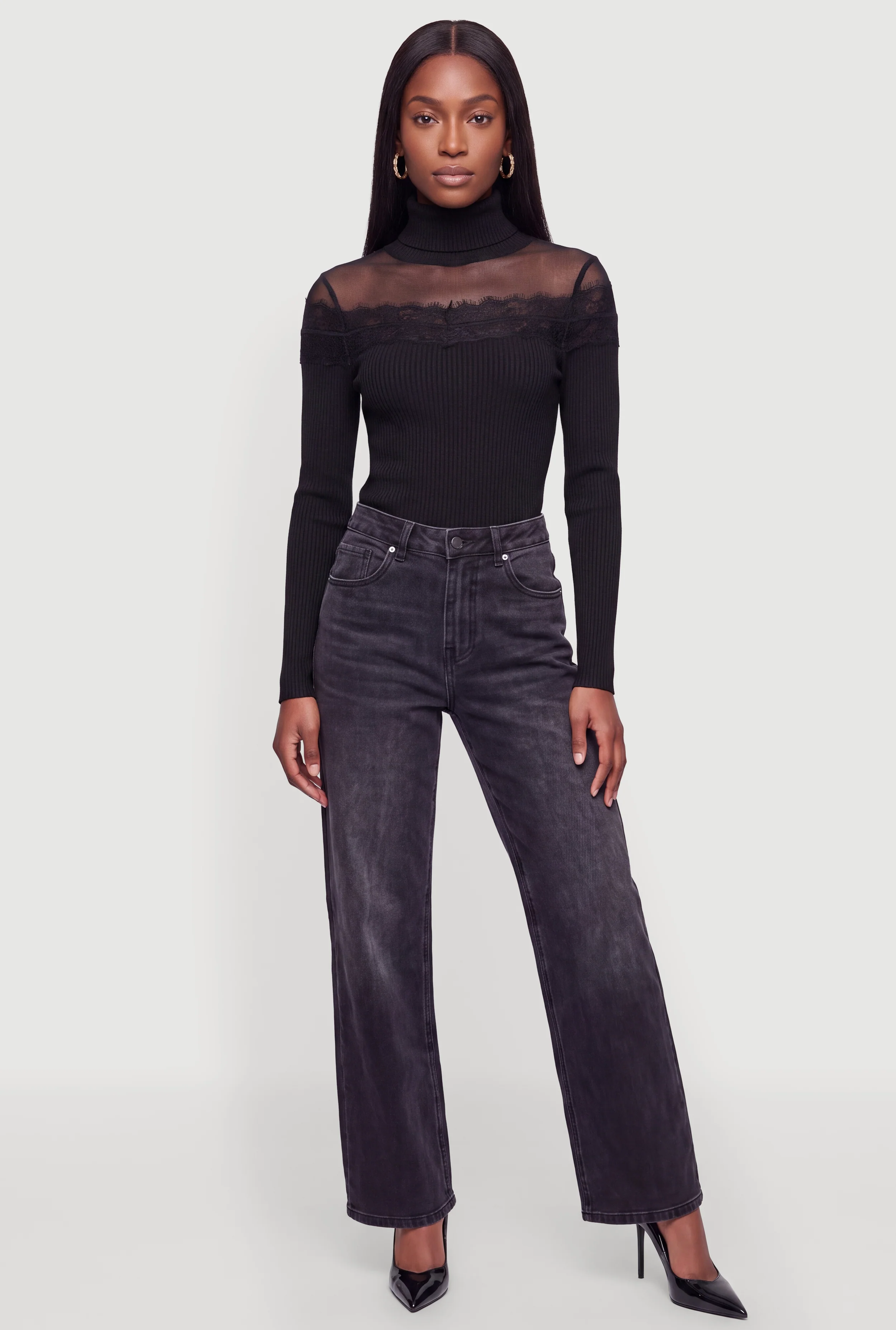 Lace Detail Mesh Yoke Long Sleeve Turtleneck Top