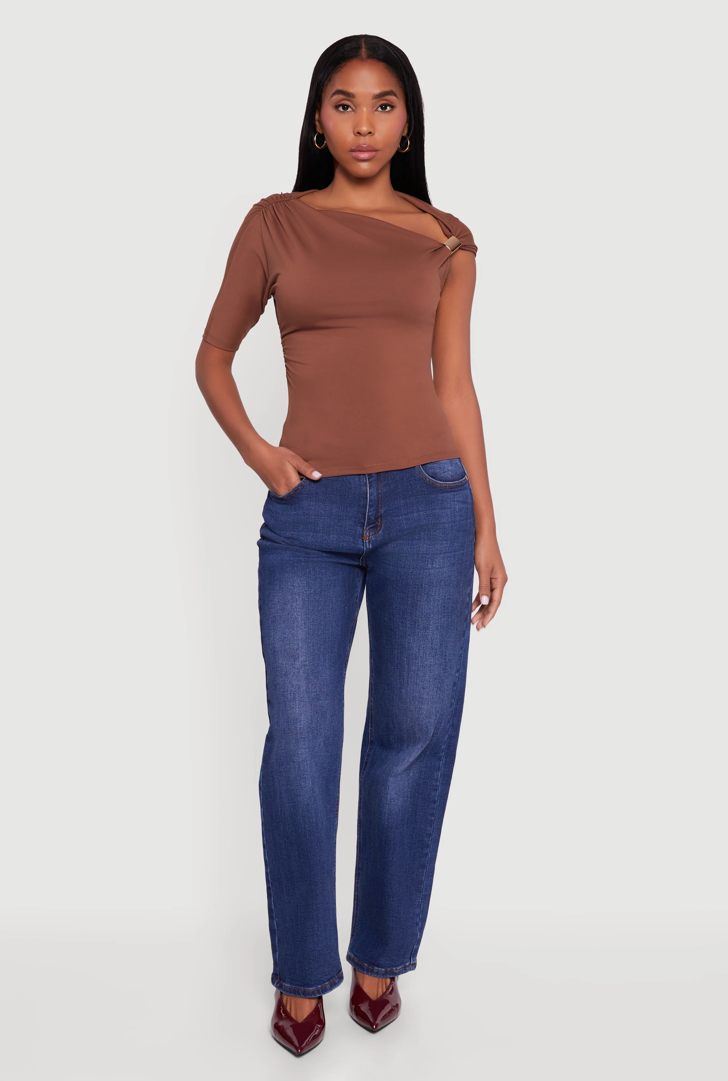Metallic Detail Asymmetrical Neck Side Ruched Blouse