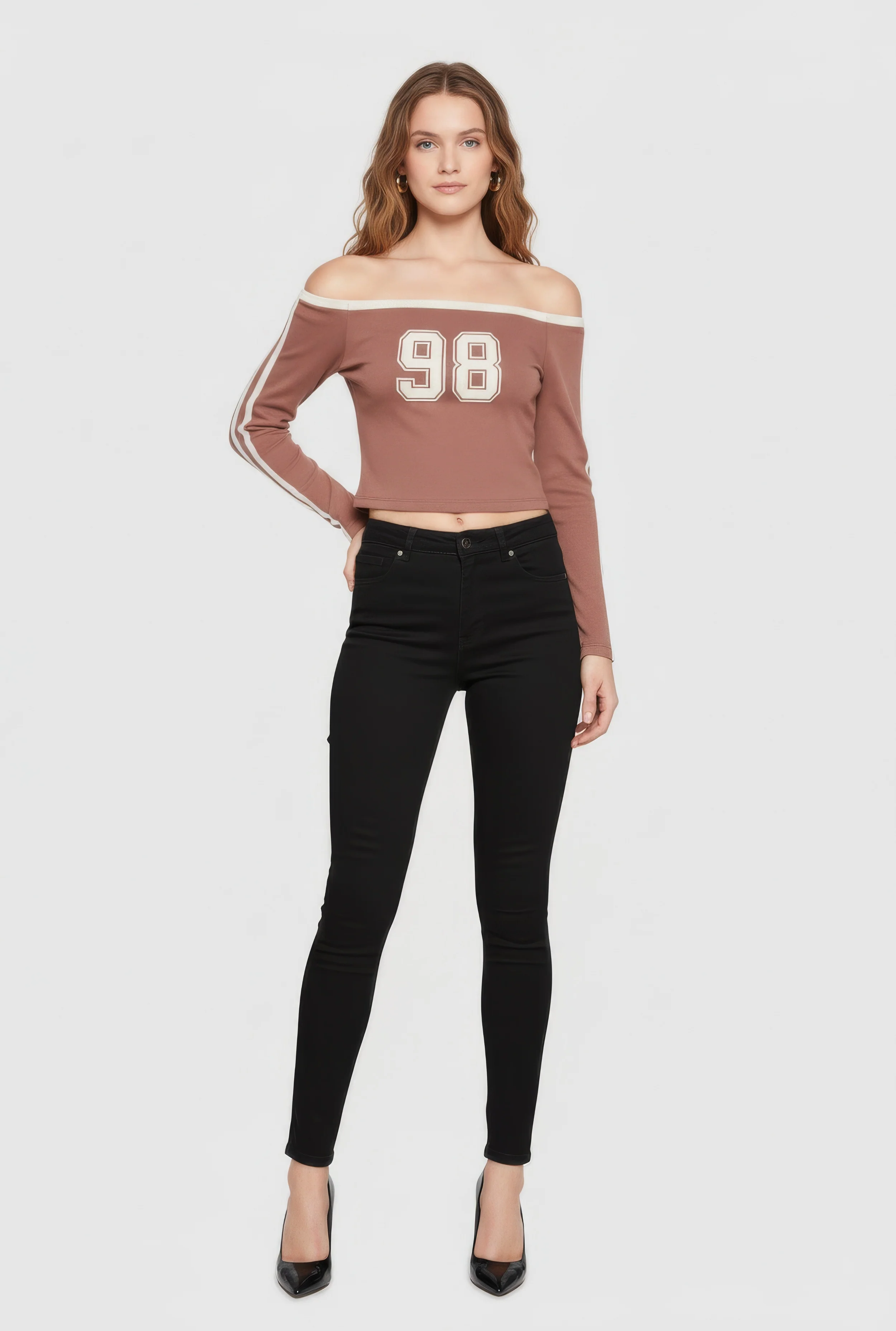 98 Graphic Off the Shoulder Crop Top