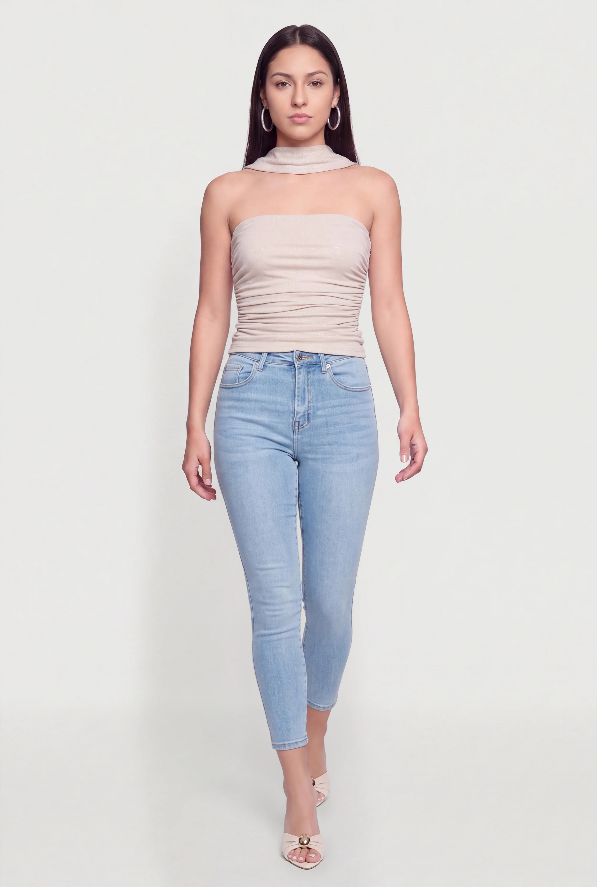 Glittery Side Ruched Reverse Halter Top