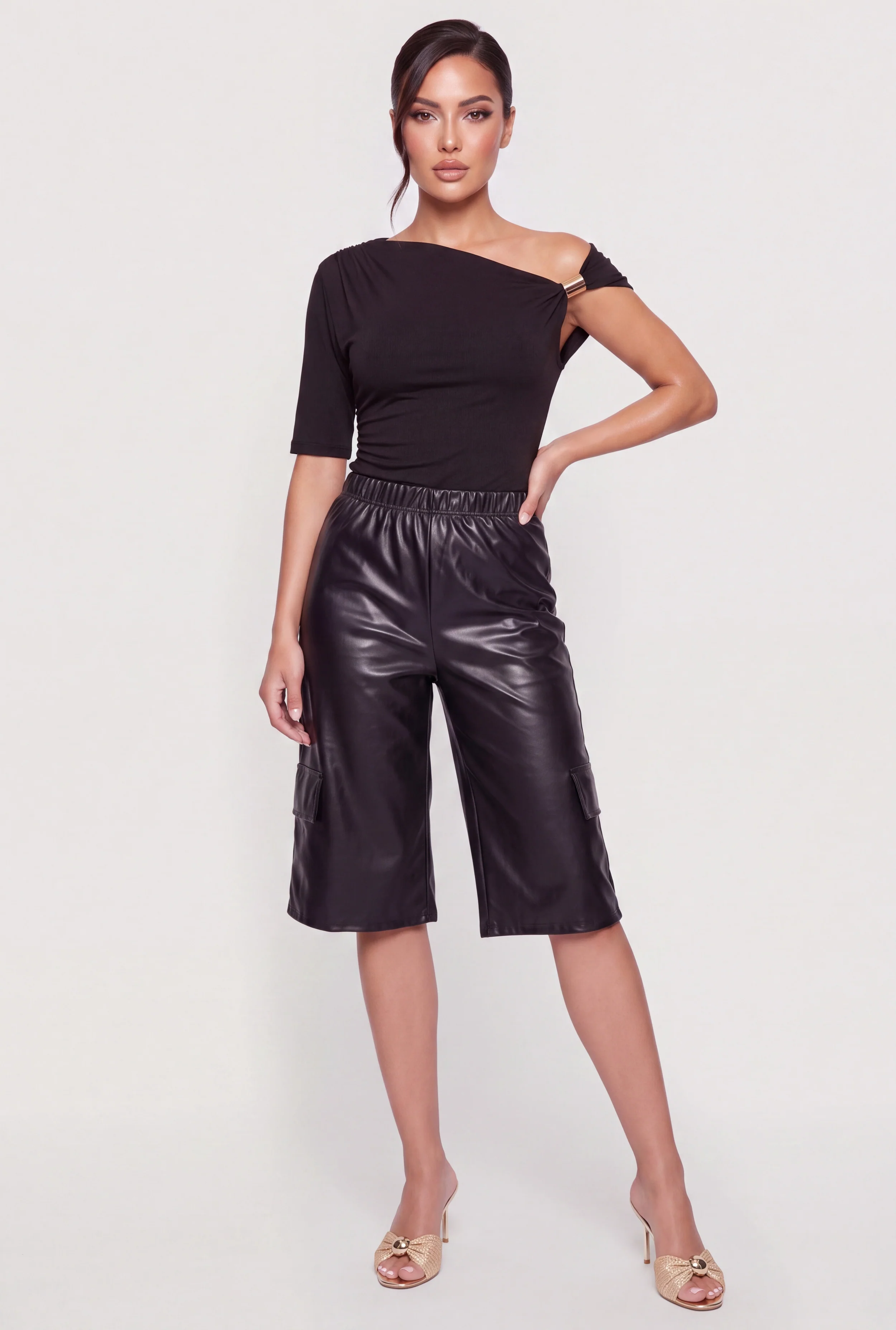 Side Ruched One Shoulder Metallic Detail Blouse