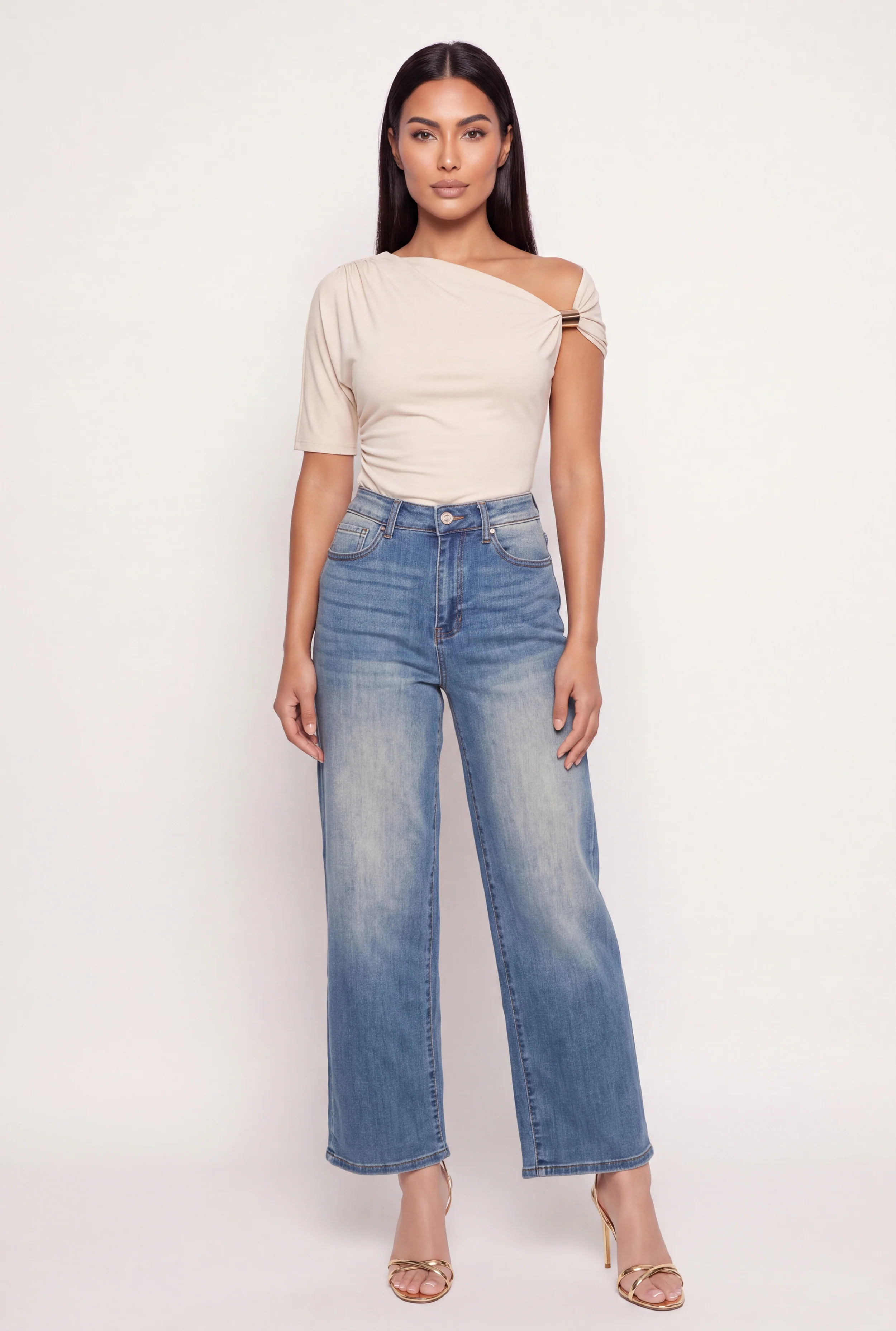 Side Ruched One Shoulder Metallic Detail Blouse