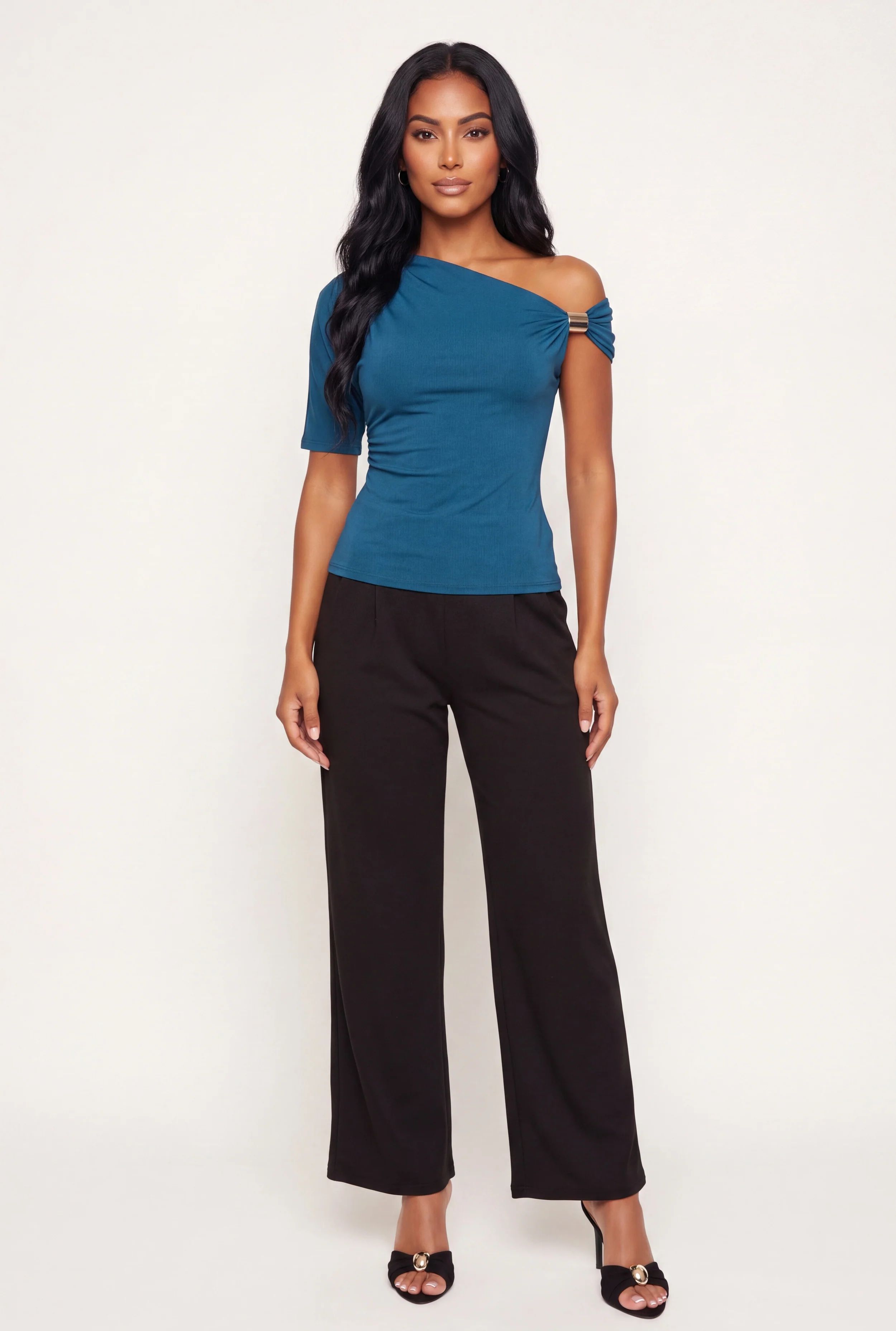 Side Ruched One Shoulder Metallic Detail Blouse