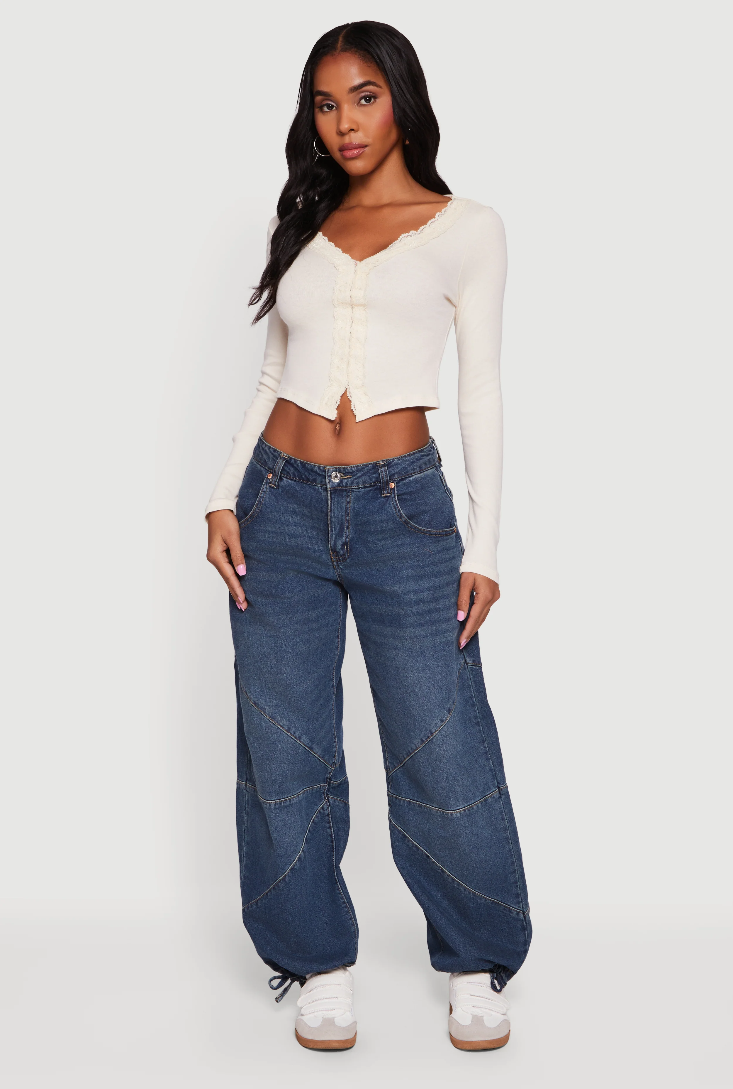 Long Sleeve Lace Trim Crop Top