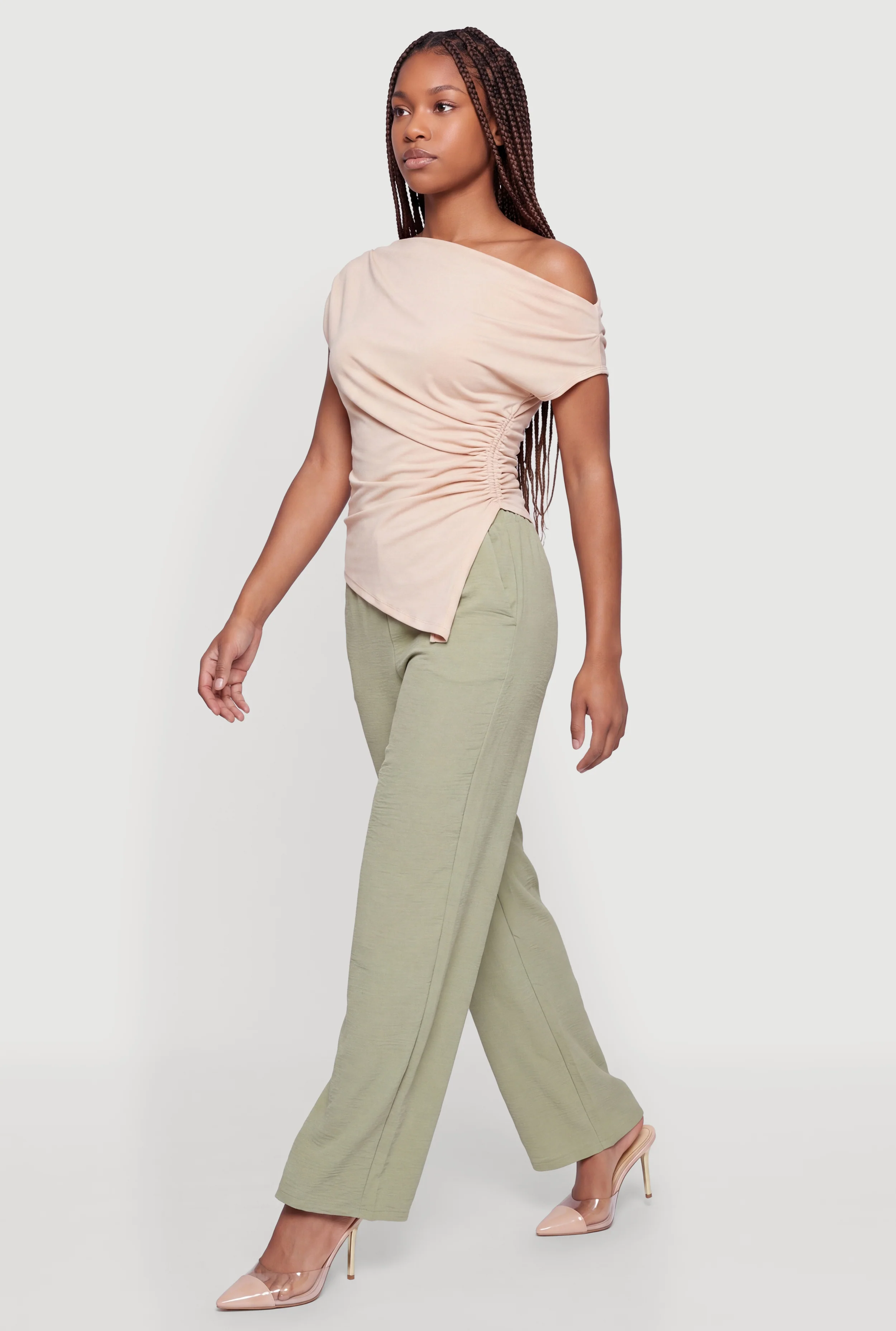 One Shoulder Side Ruched Asymmetrical Hem Blouse