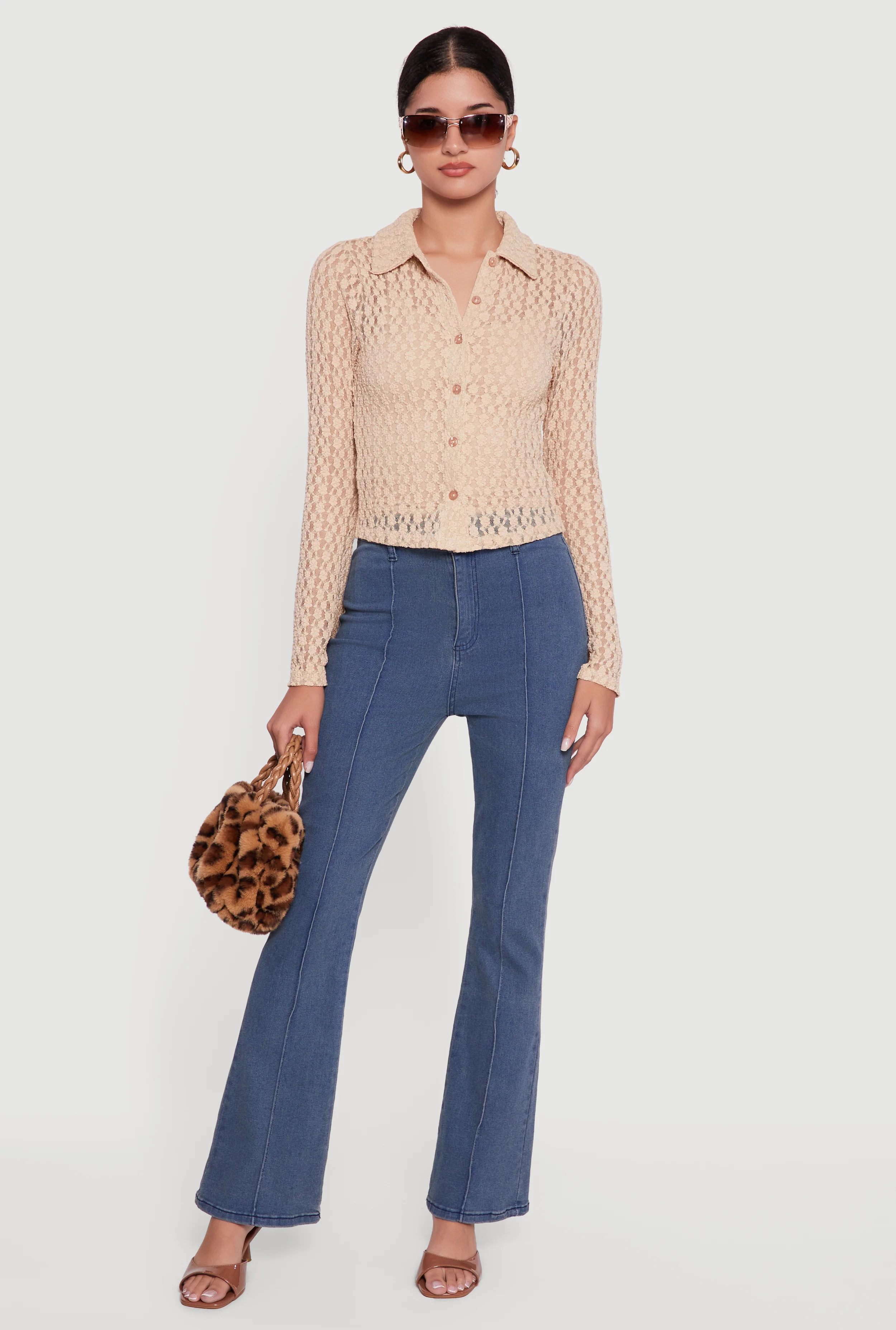 Long Sleeve Lace Button Front Blouse