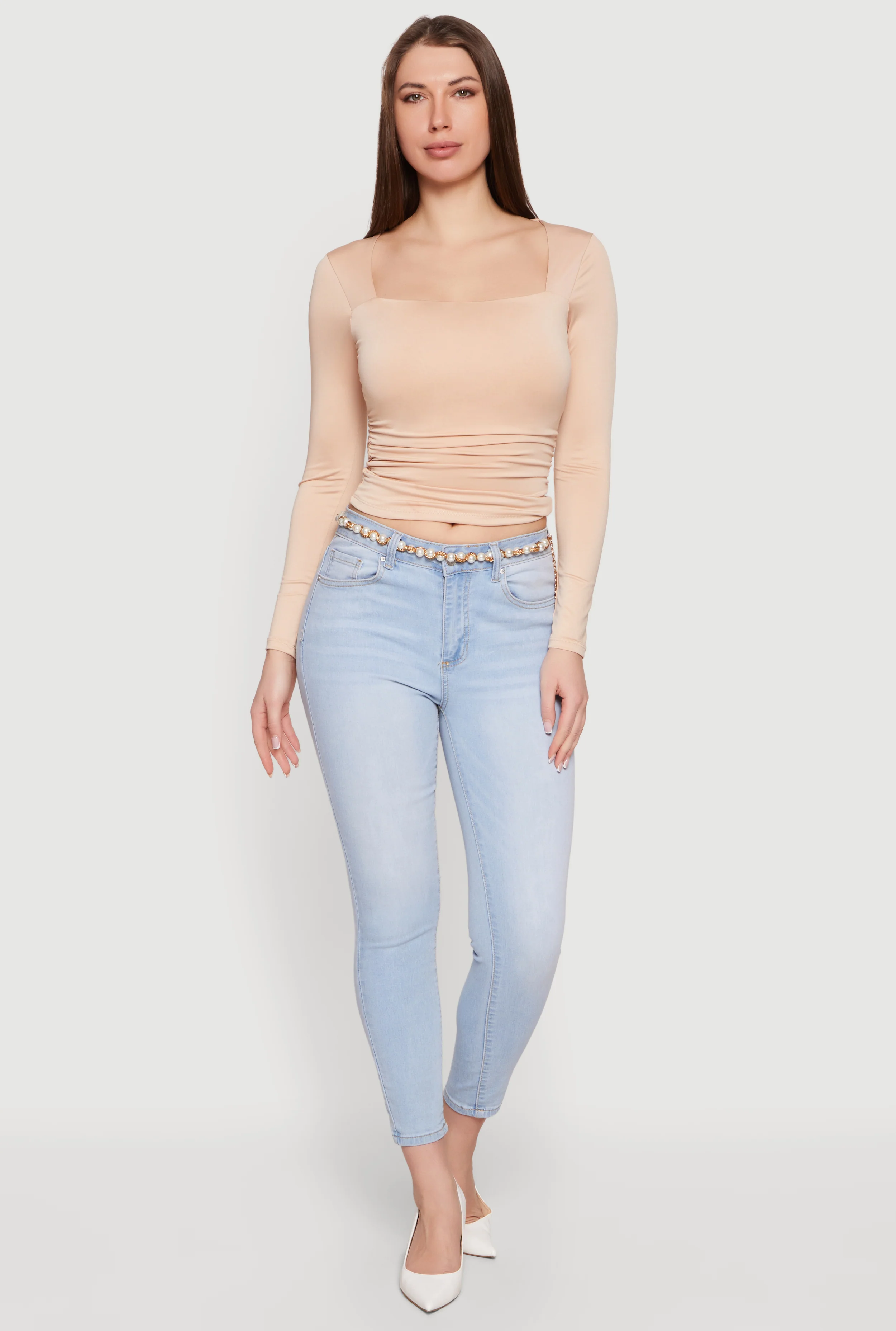 Square Neck Side Ruched Long Sleeve Blouse