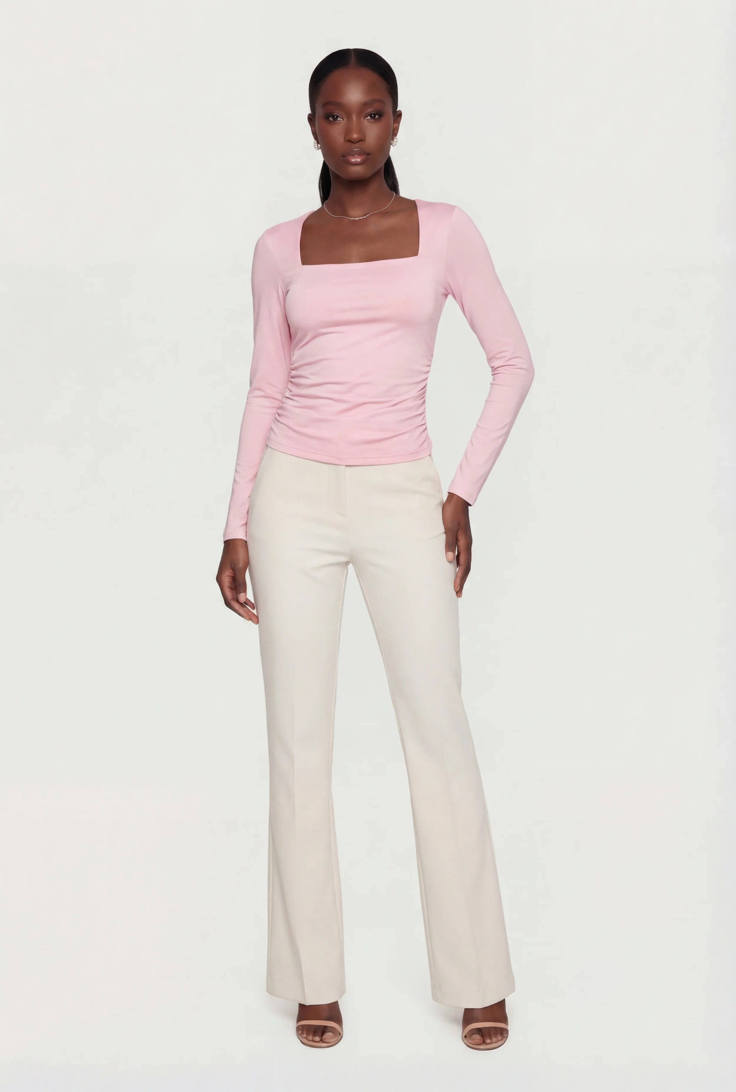 Square Neck Side Ruched Long Sleeve Blouse