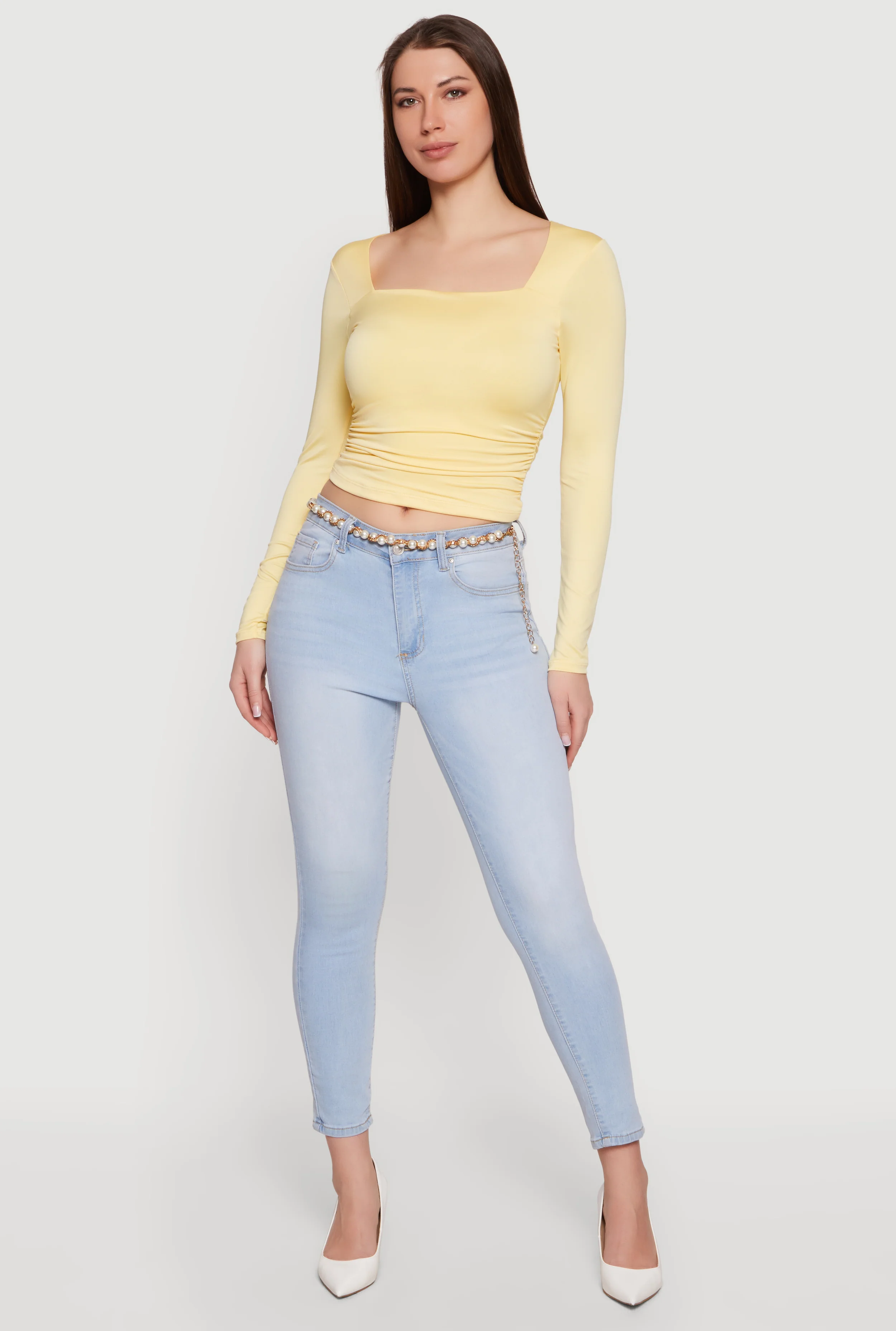 Square Neck Side Ruched Long Sleeve Blouse