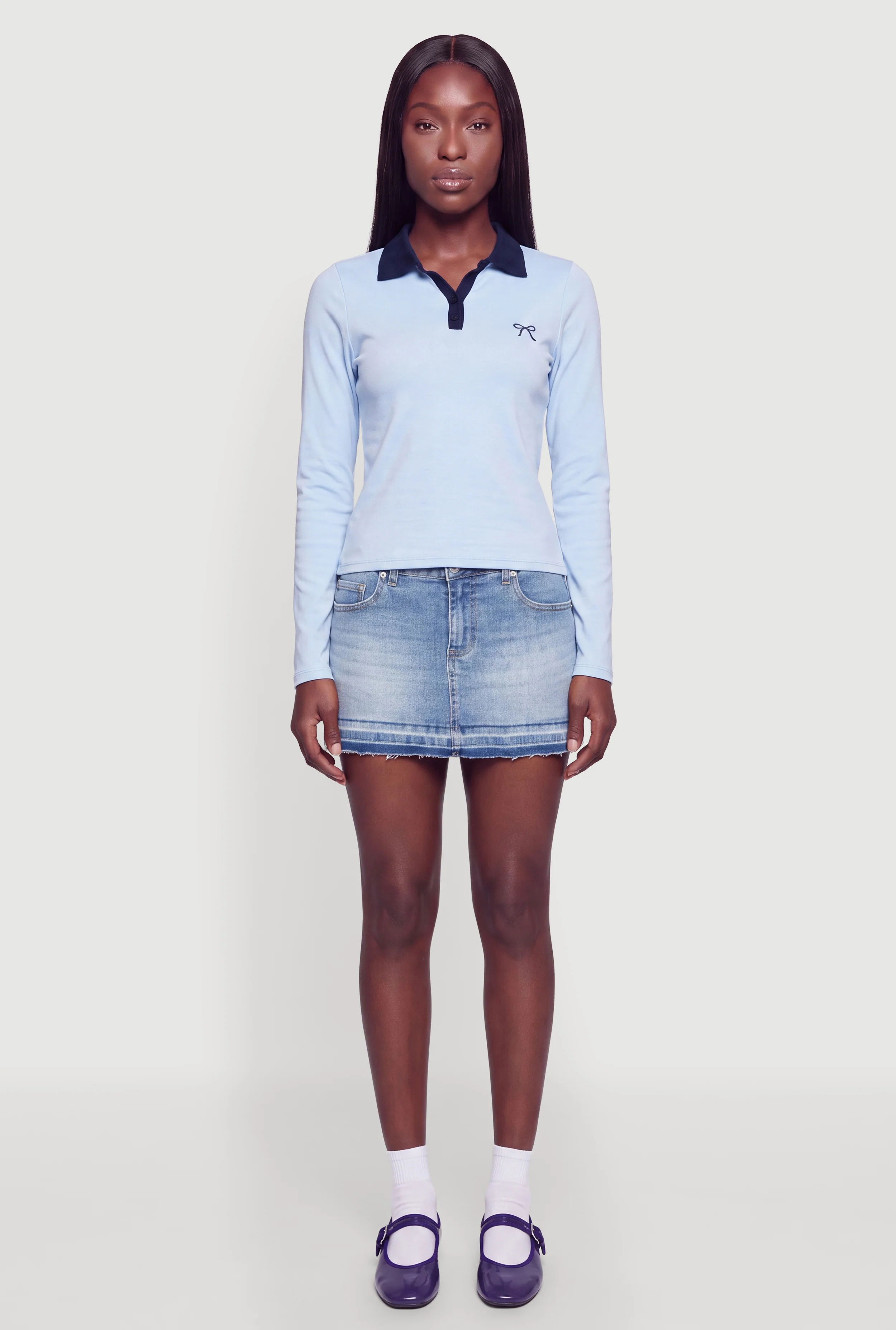 Bow Embroidered Long Sleeve Polo Top