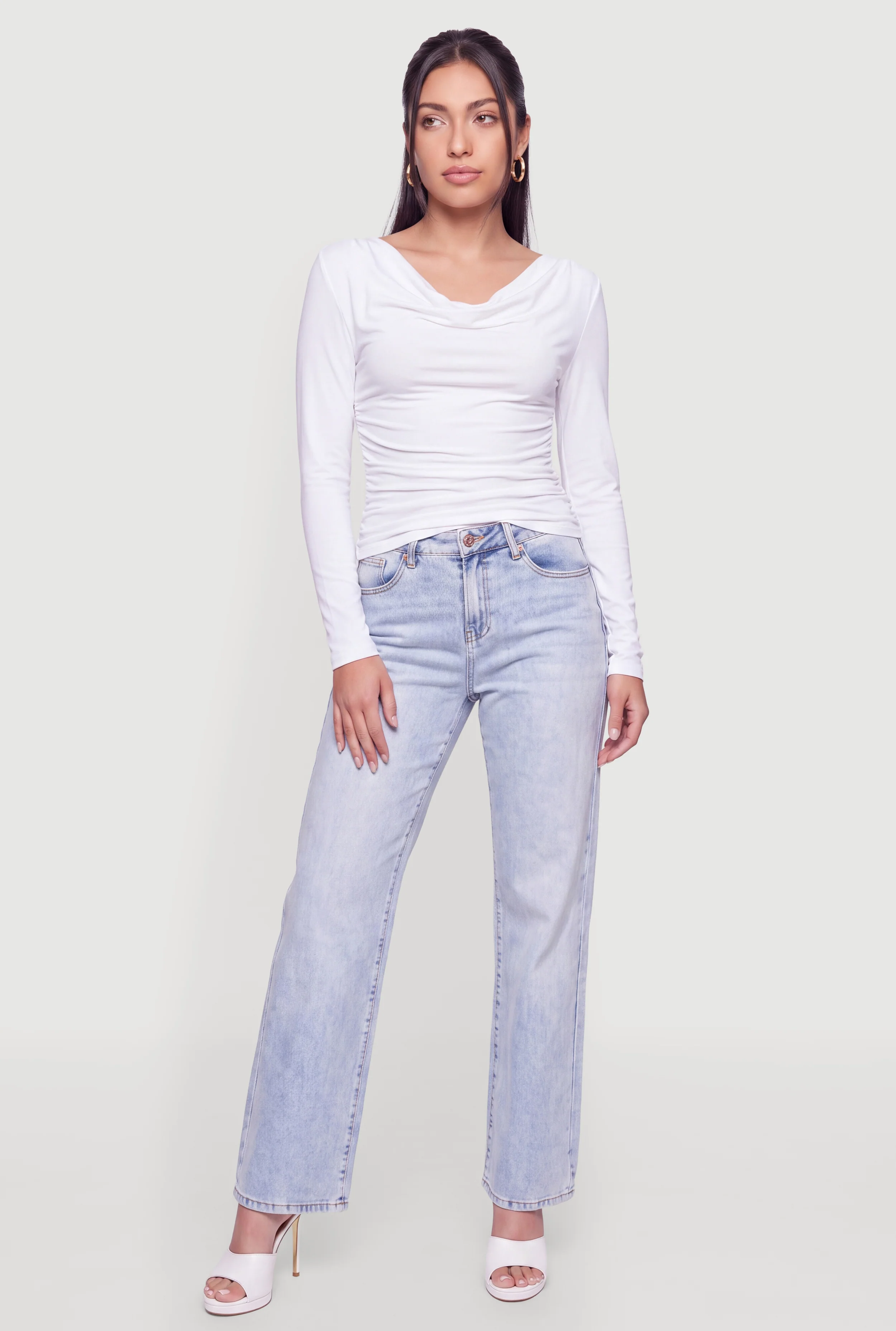 Long Sleeve Ruched Cowl Neck Top