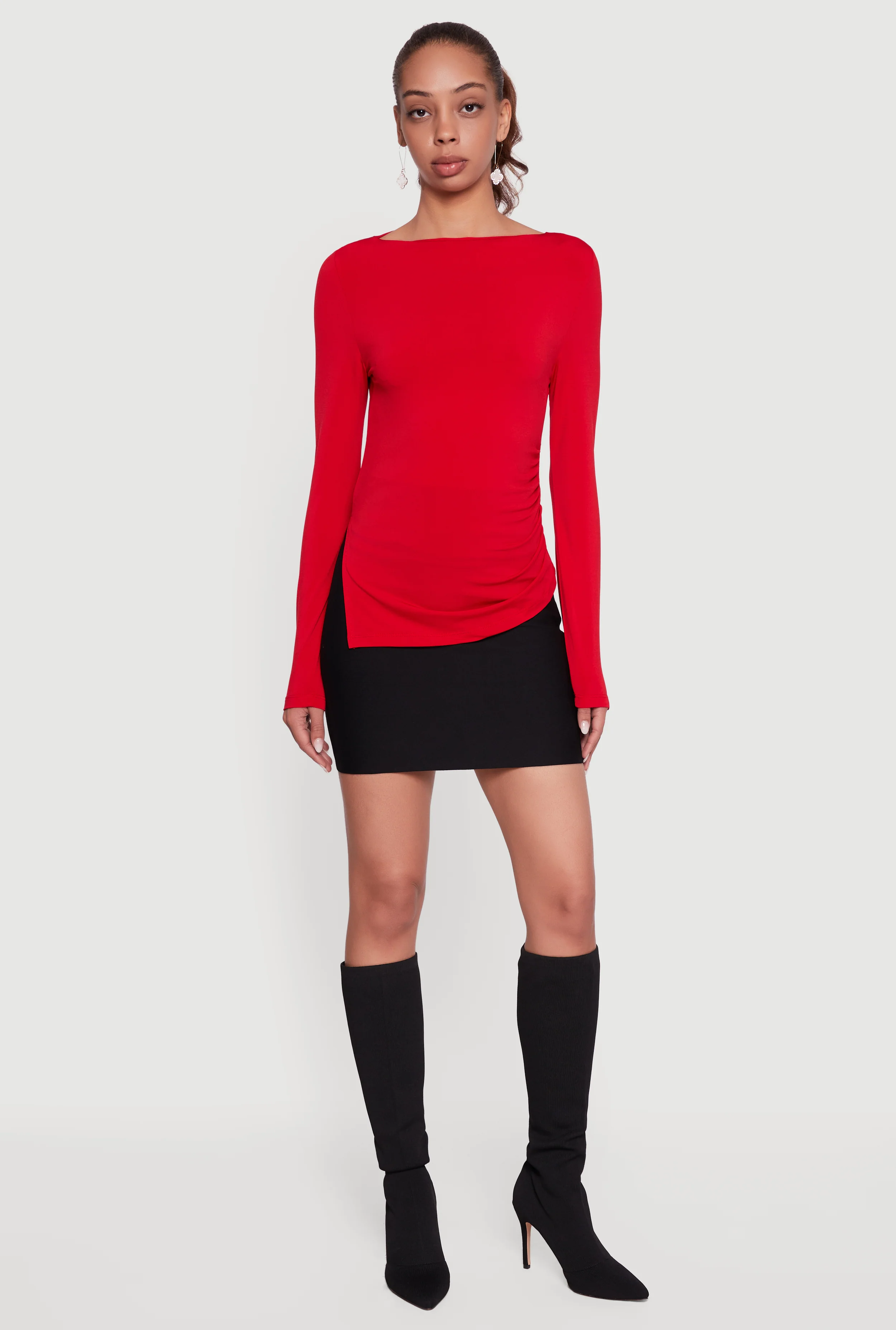 Long Sleeve Side Ruched Scoop Neck Blouse