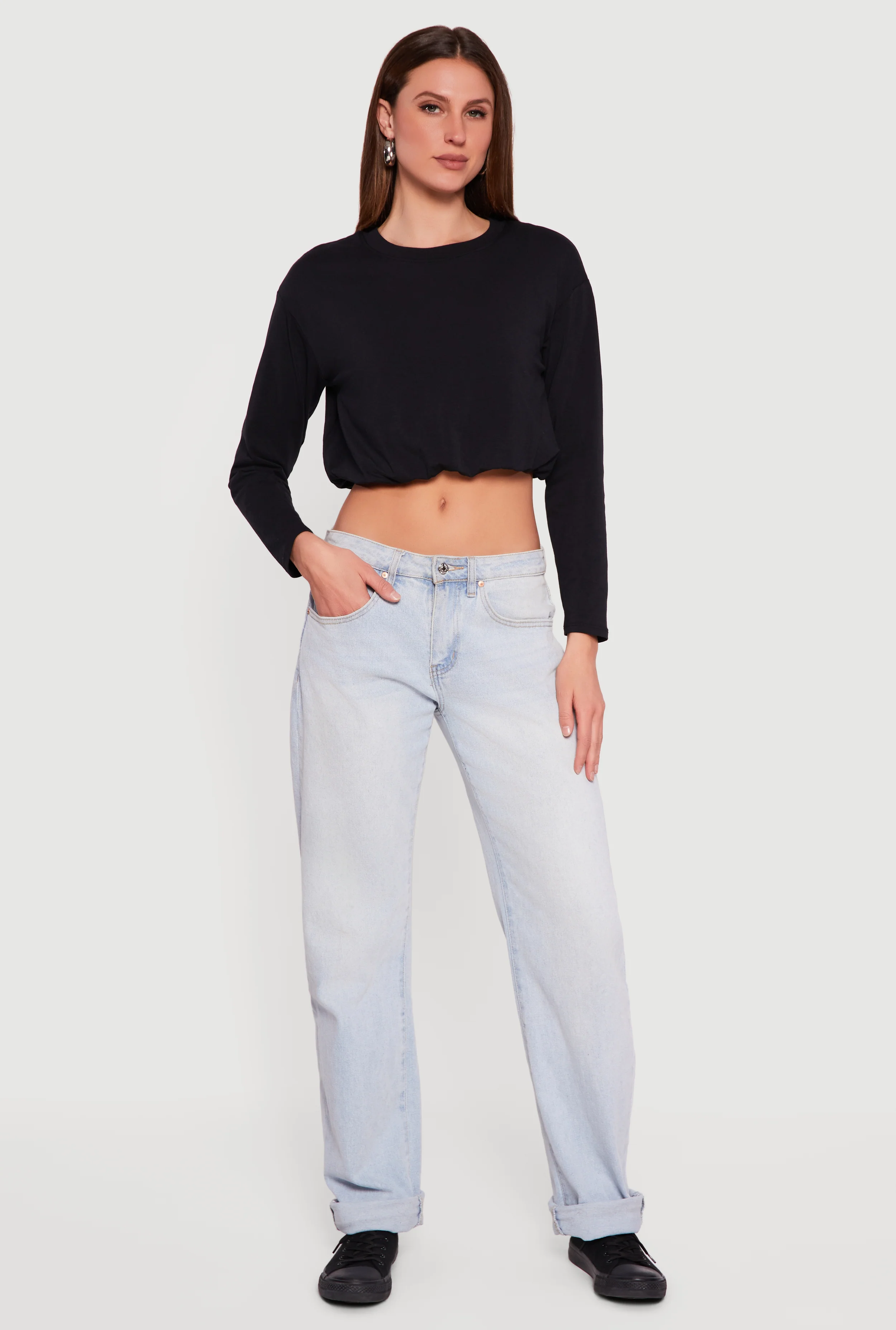 Long Sleeve  Bubble Hem Crop Top
