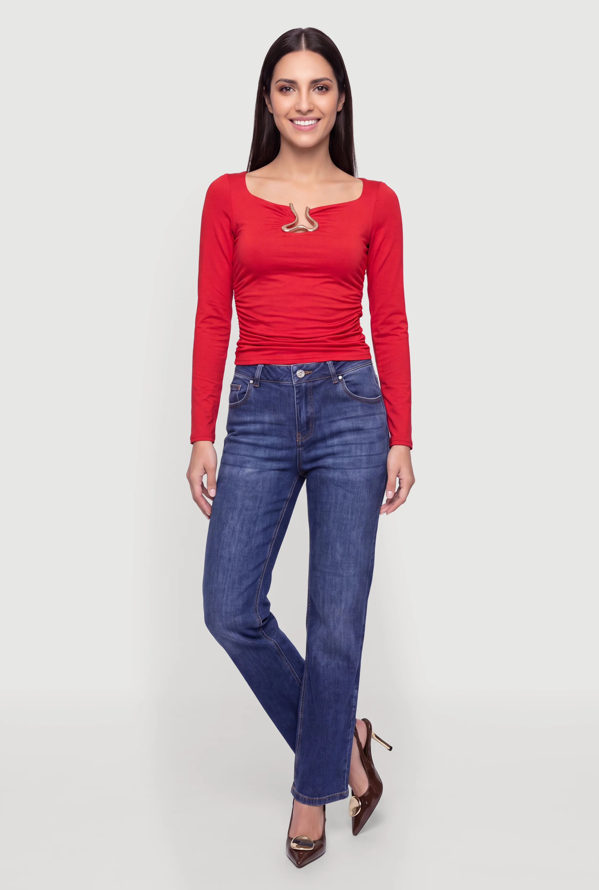Ruched Metallic Detail Notch Neck Long Sleeve Top