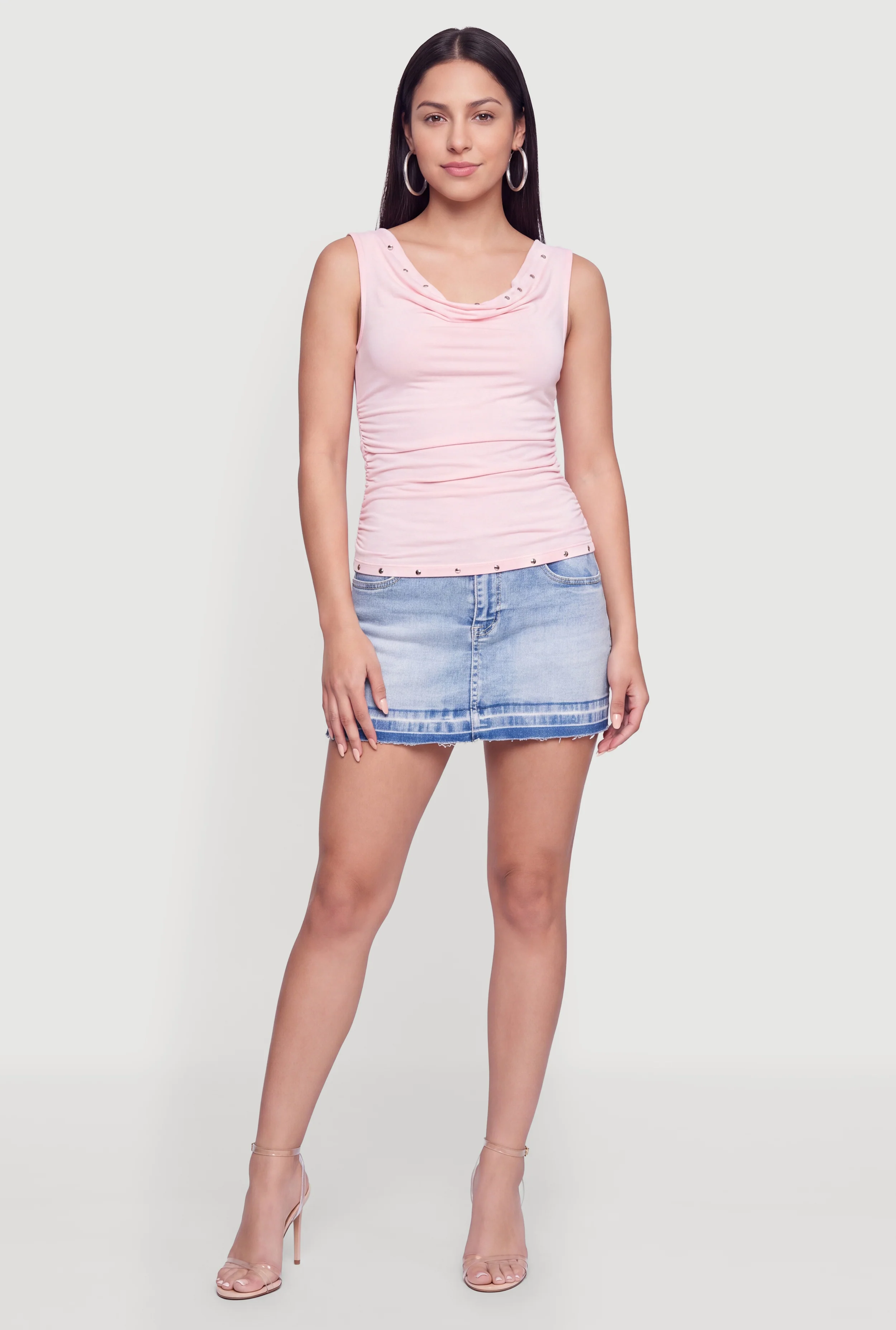 Studded Trim Sleeveless Cowl Neck Blouse