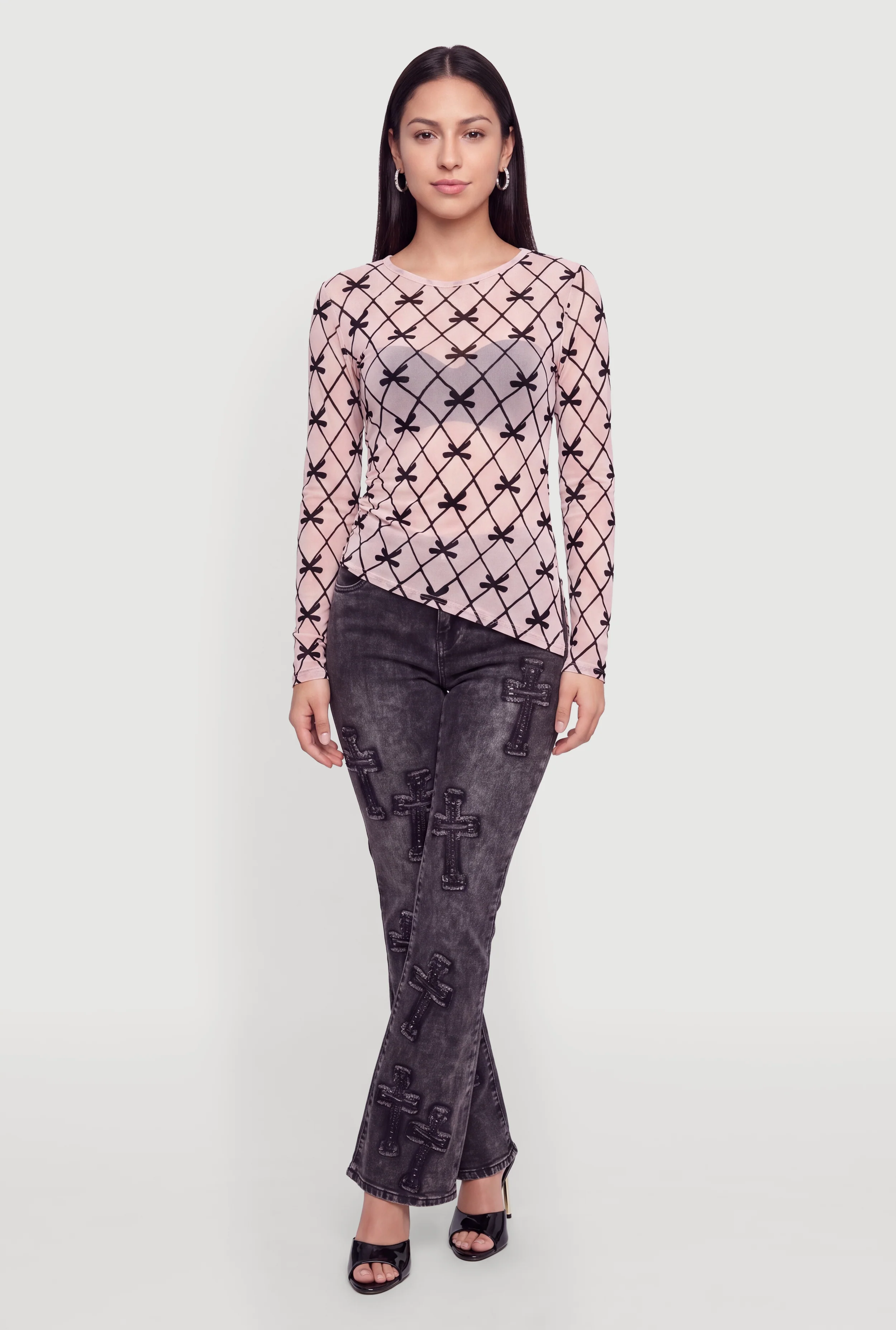 Printed Velvet Burnout Mesh Asymmetrical Long Sleeve Top