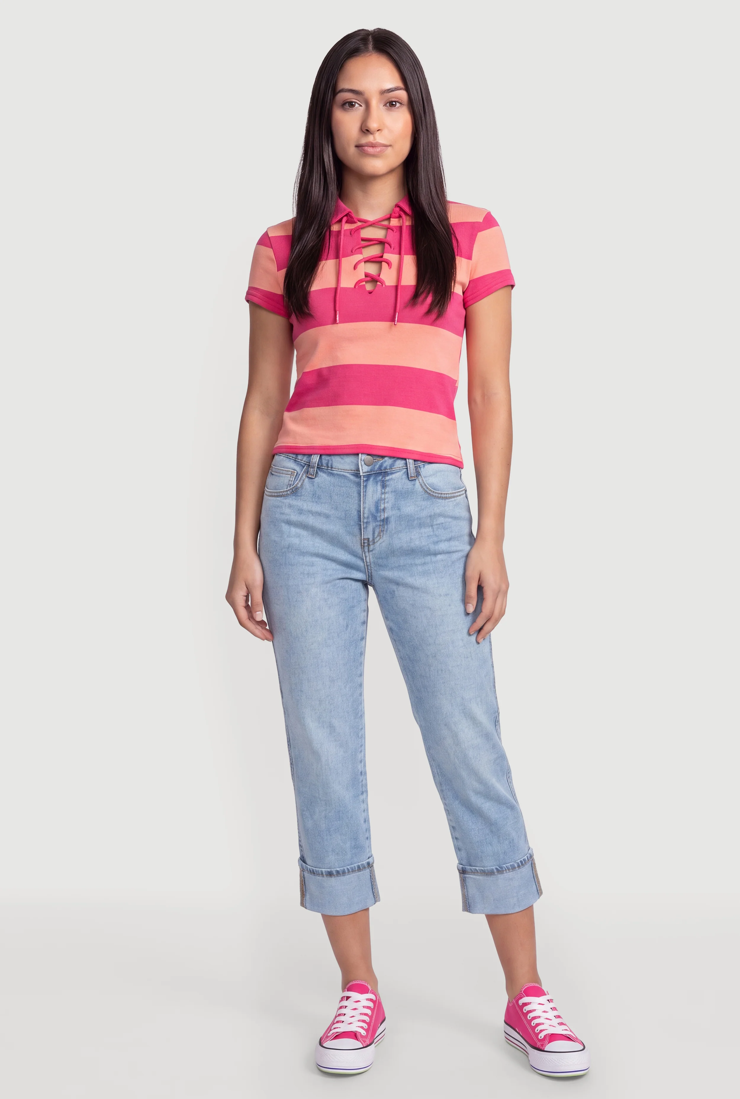 Lace Up Striped Polo Top