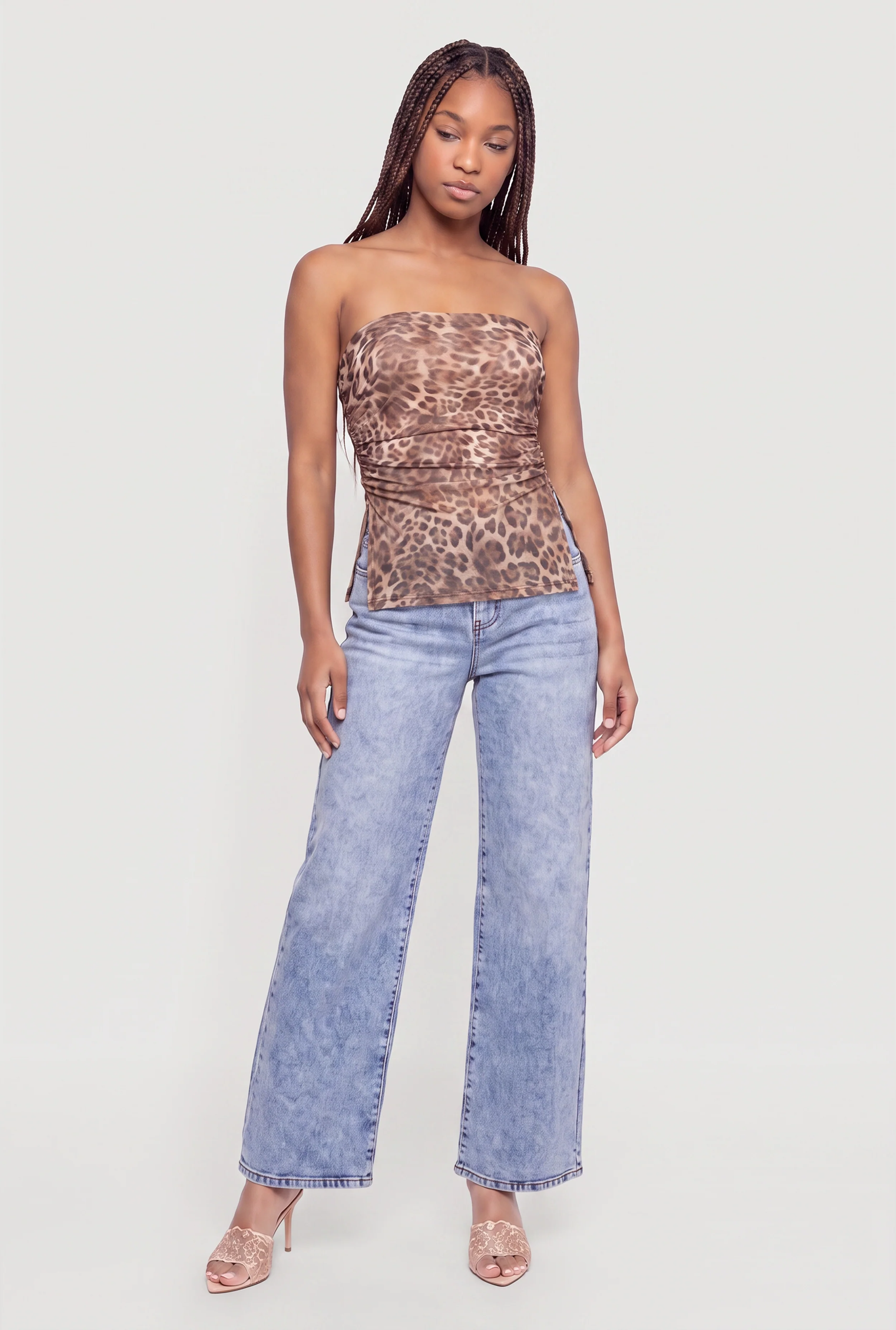 Printed Pattern Side Slit Ruched Tube Top