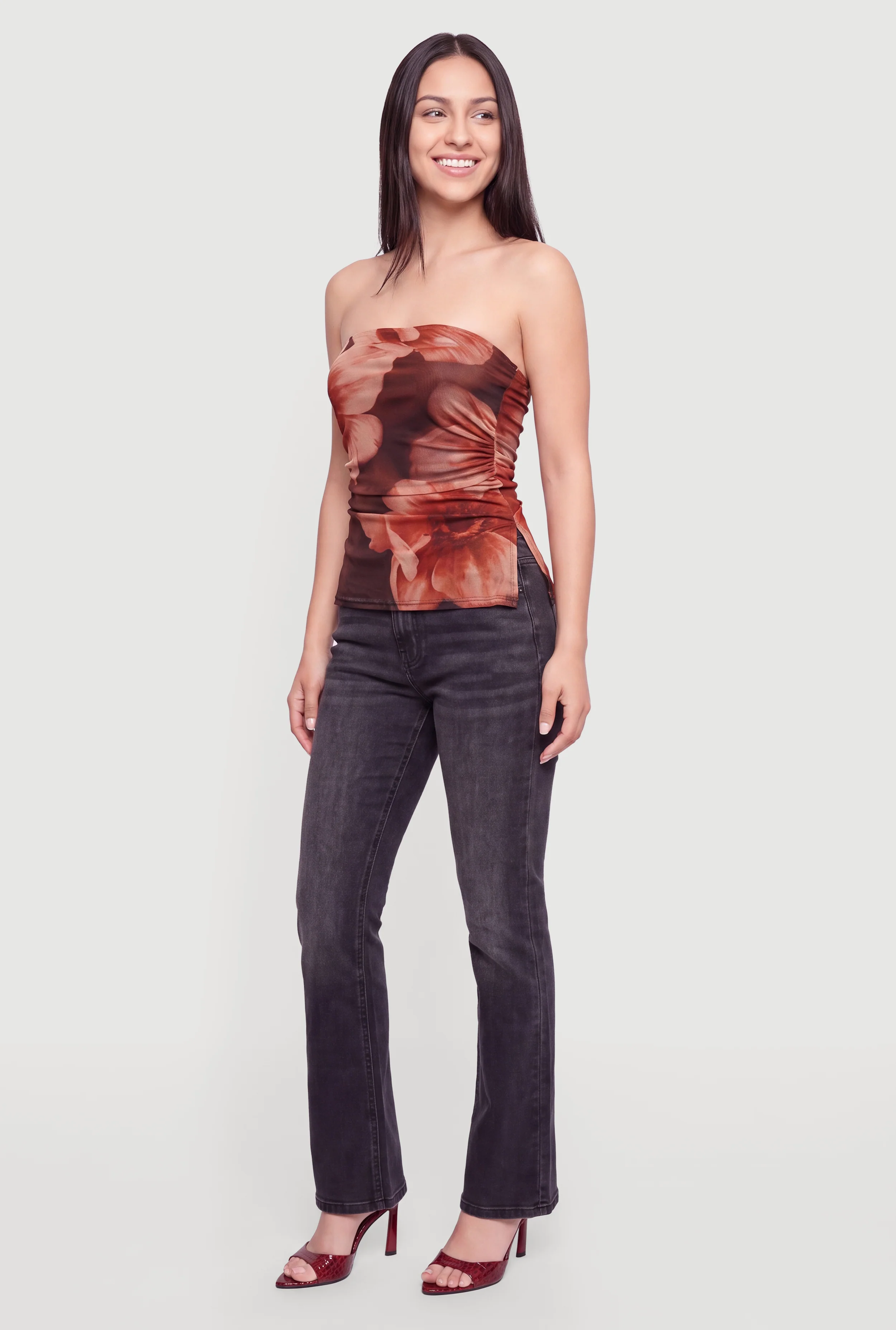 Printed Pattern Side Slit Ruched Tube Top