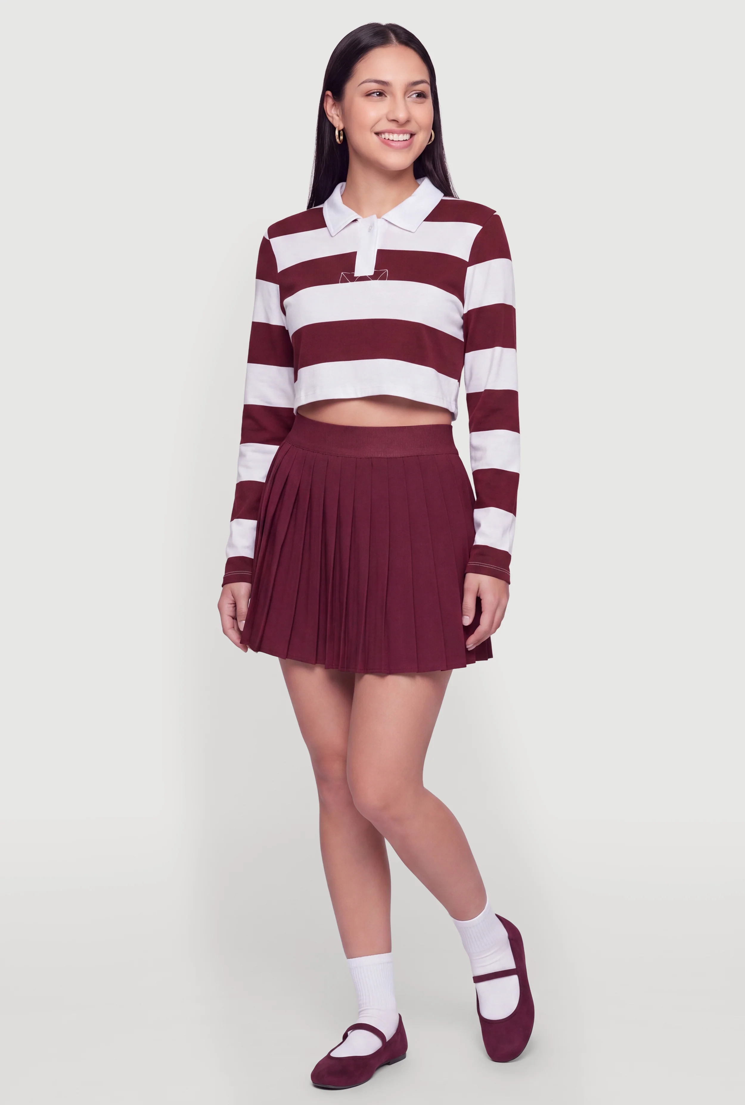 Striped Long Sleeve Cropped Polo Top
