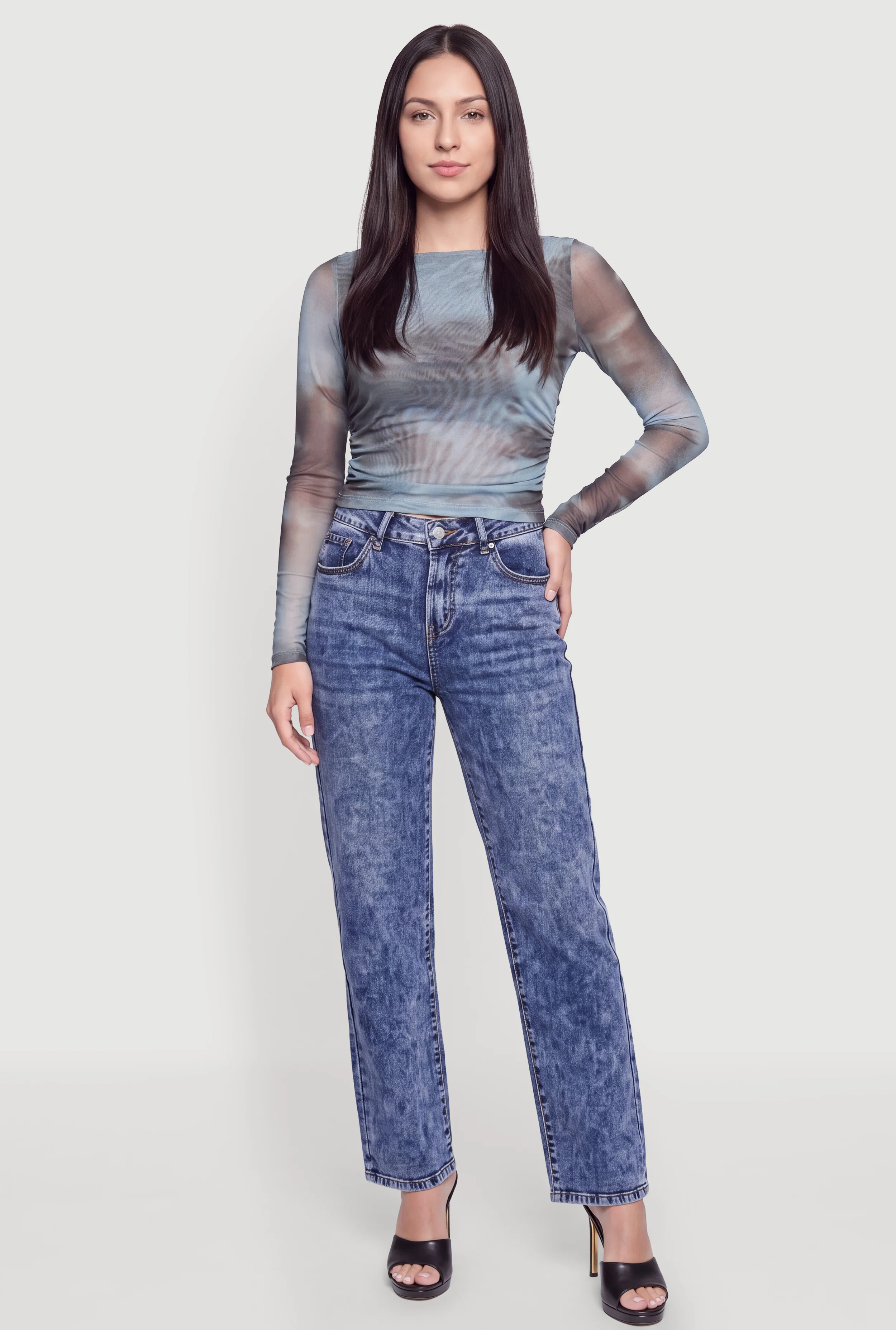 Patterned Ruched Mesh Long Sleeve Top