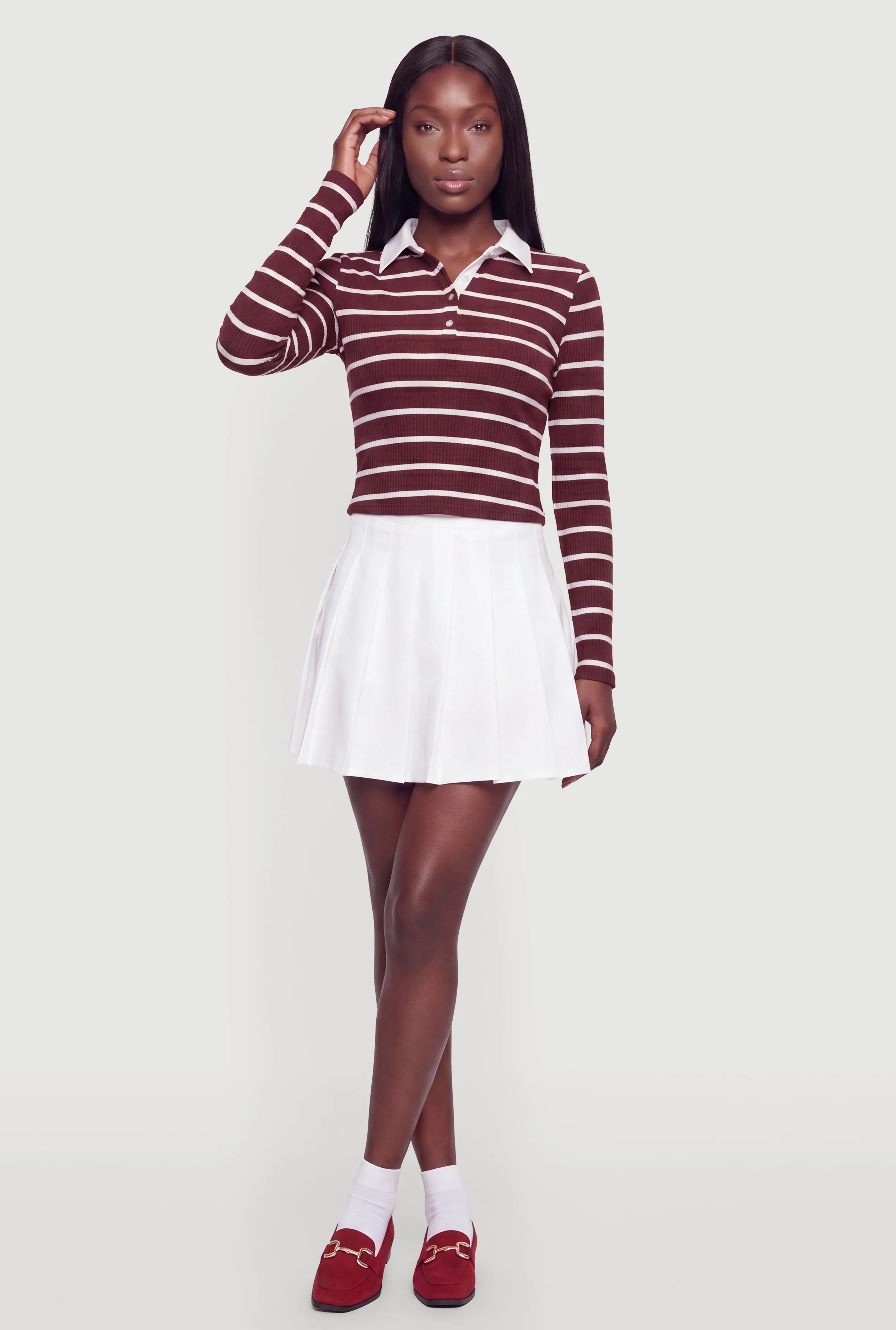 Almost Famous Ribbed Knit Striped Long Sleeve Polo Shirt