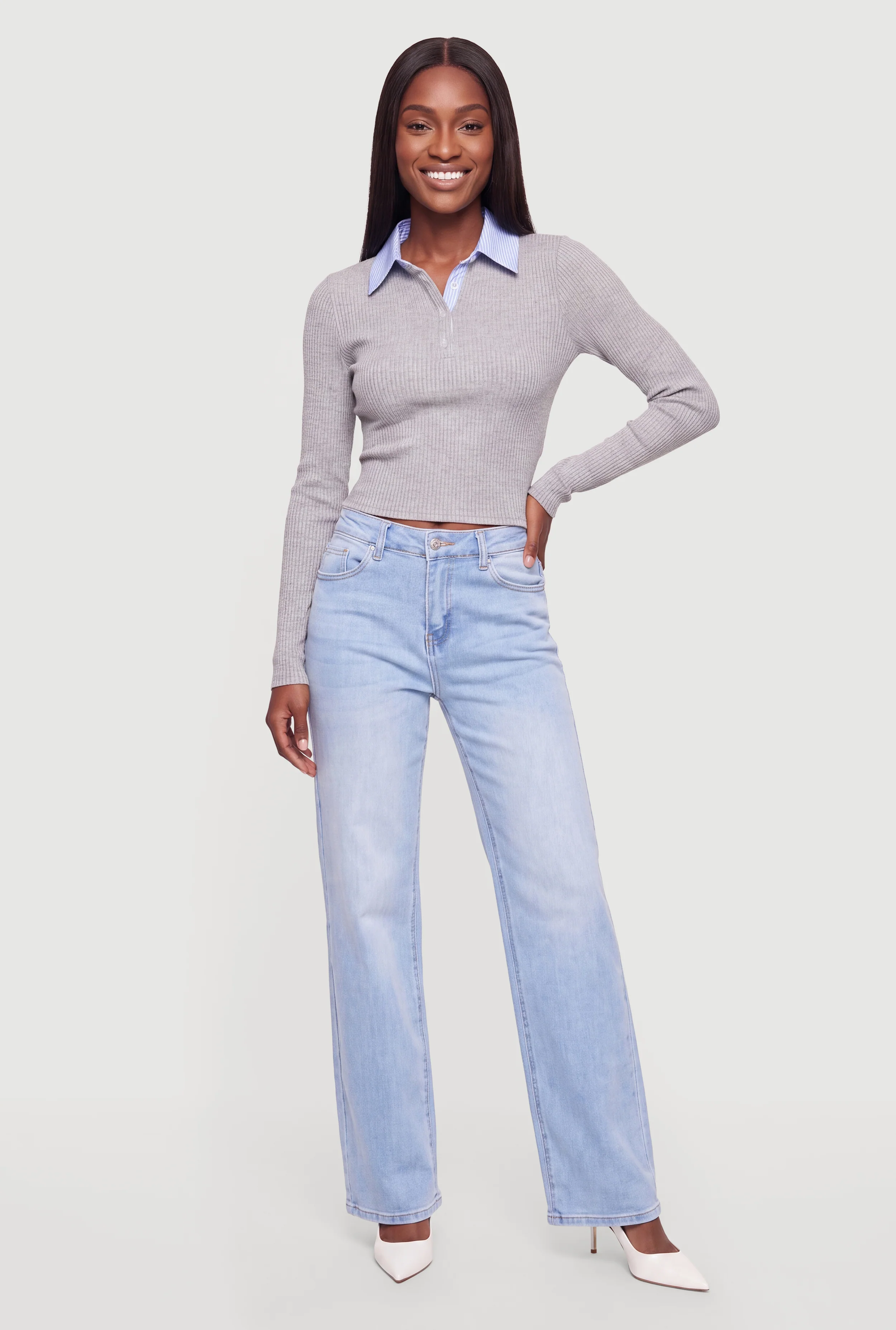 Contrast Trim Ribbed Knit Long Sleeve Polo Top
