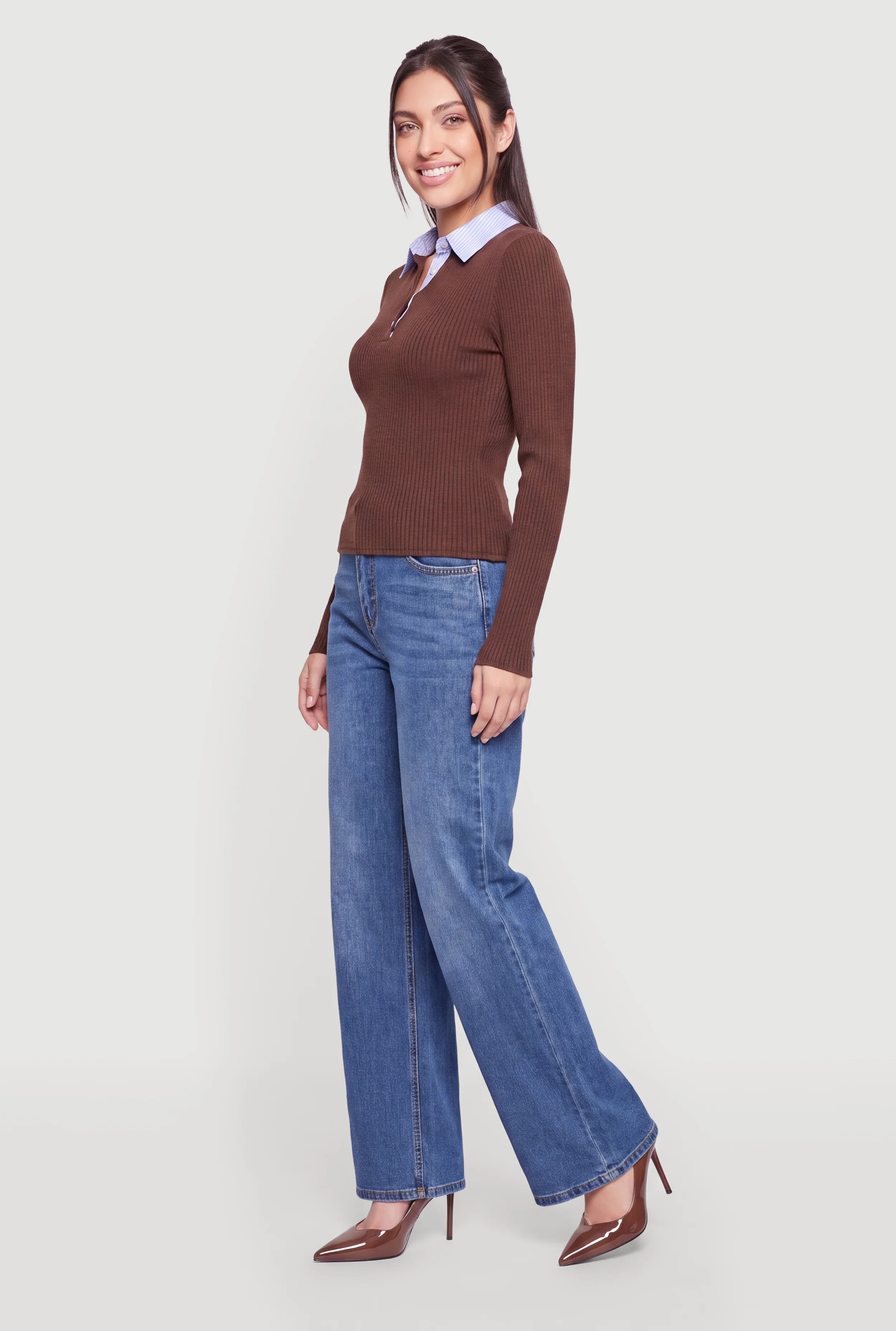 Contrast Trim Ribbed Knit Long Sleeve Polo Top