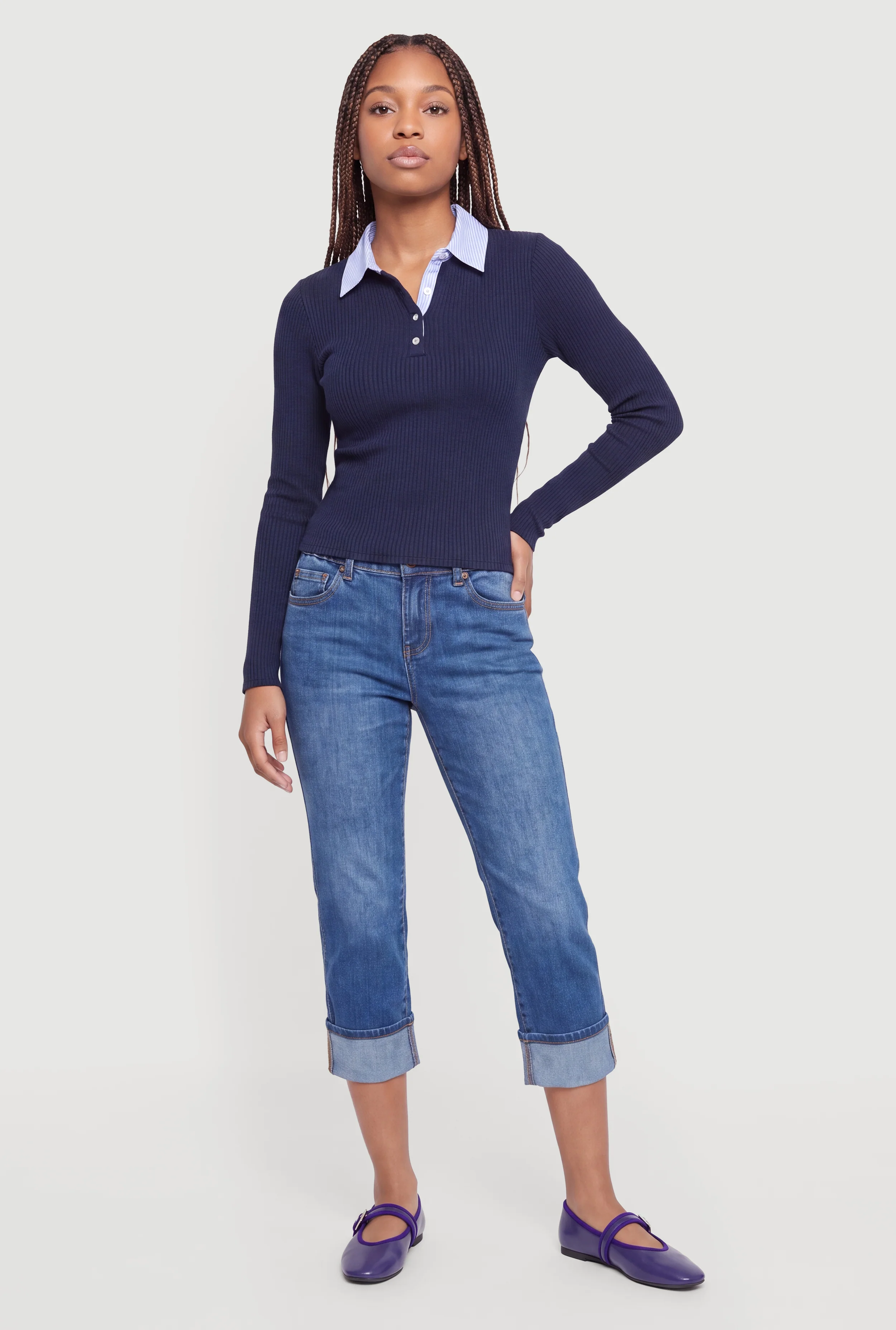 Contrast Trim Ribbed Knit Long Sleeve Polo Top