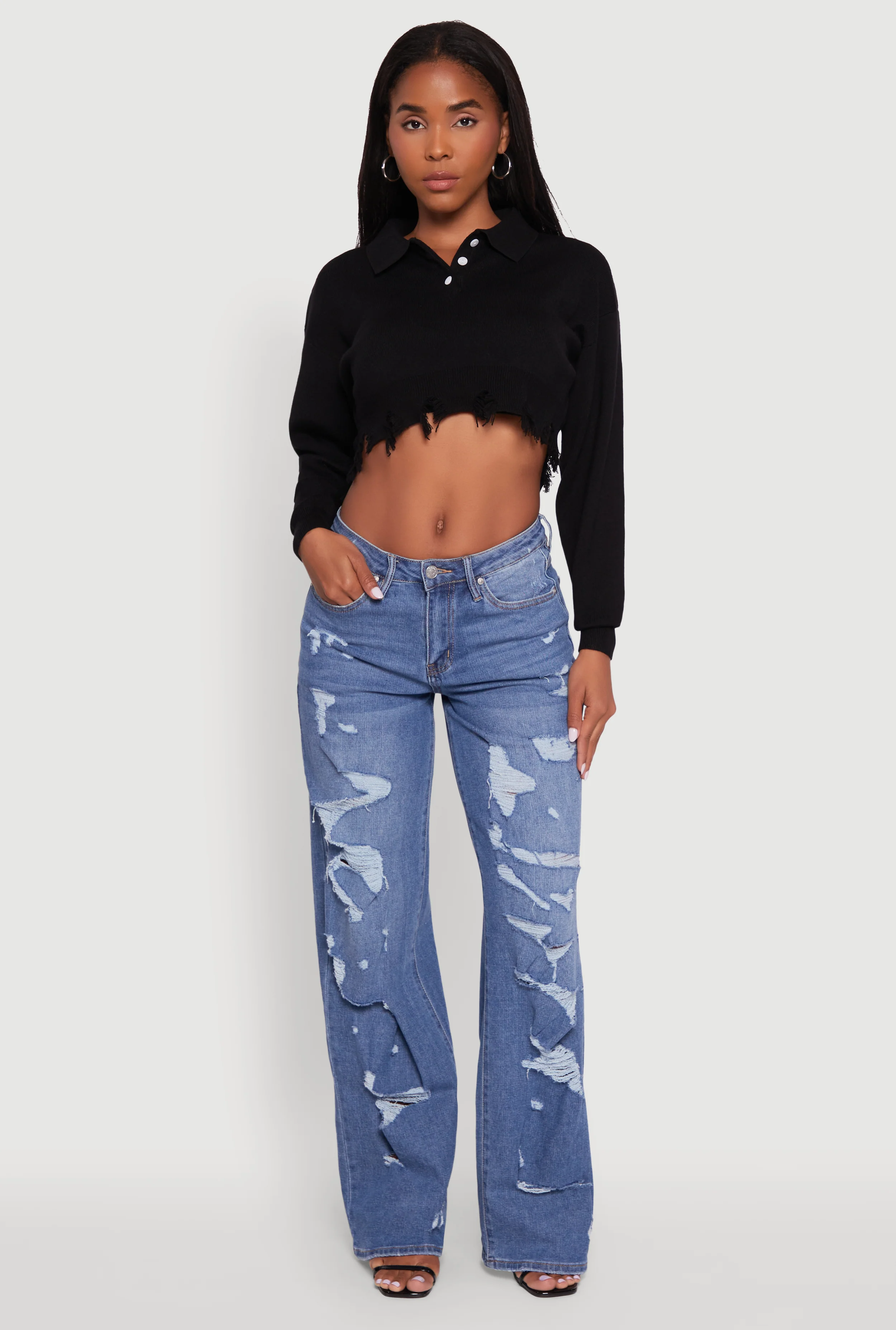 Frayed High Low Hem Cropped Long Sleeve Sweater