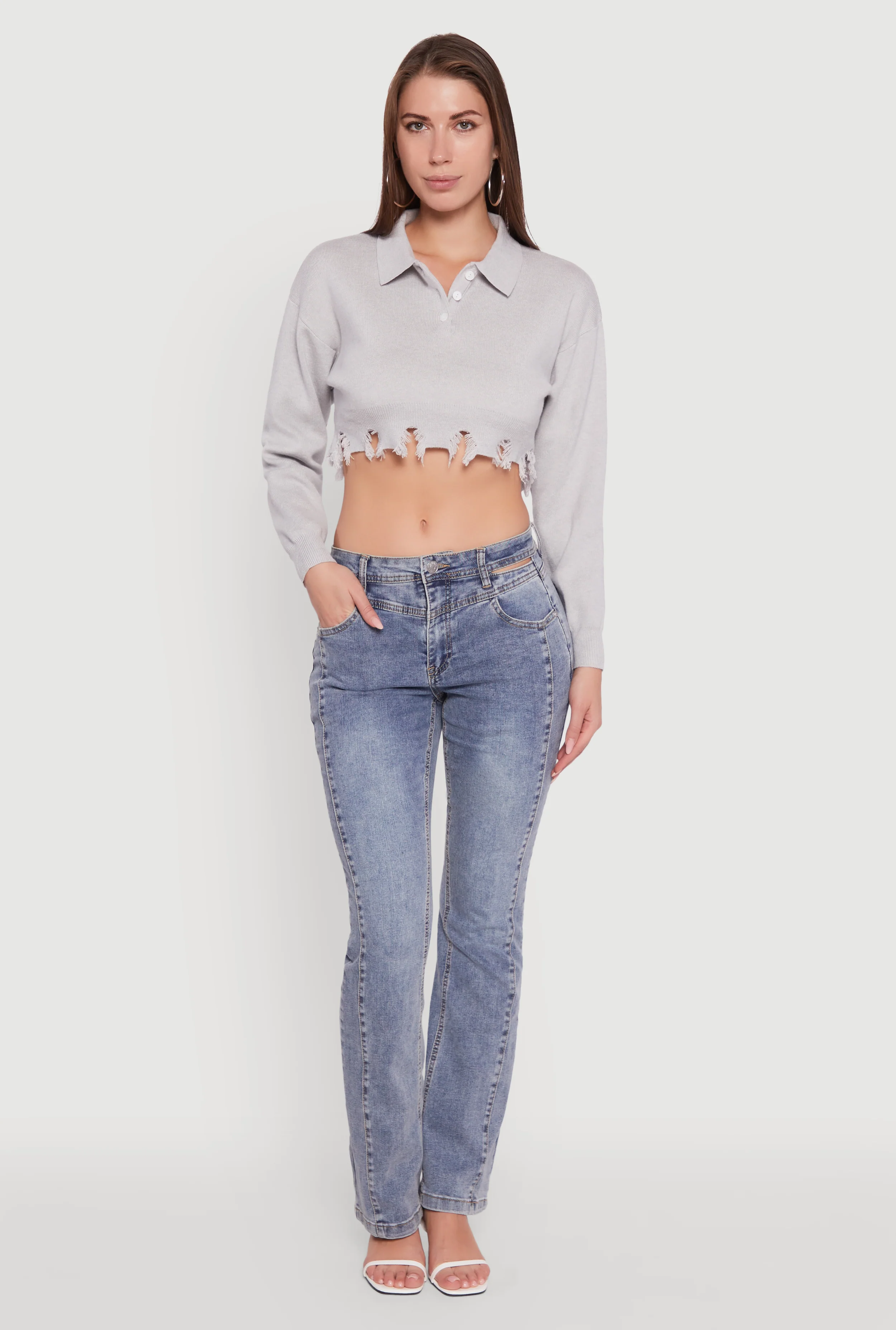 Frayed High Low Hem Cropped Long Sleeve Sweater