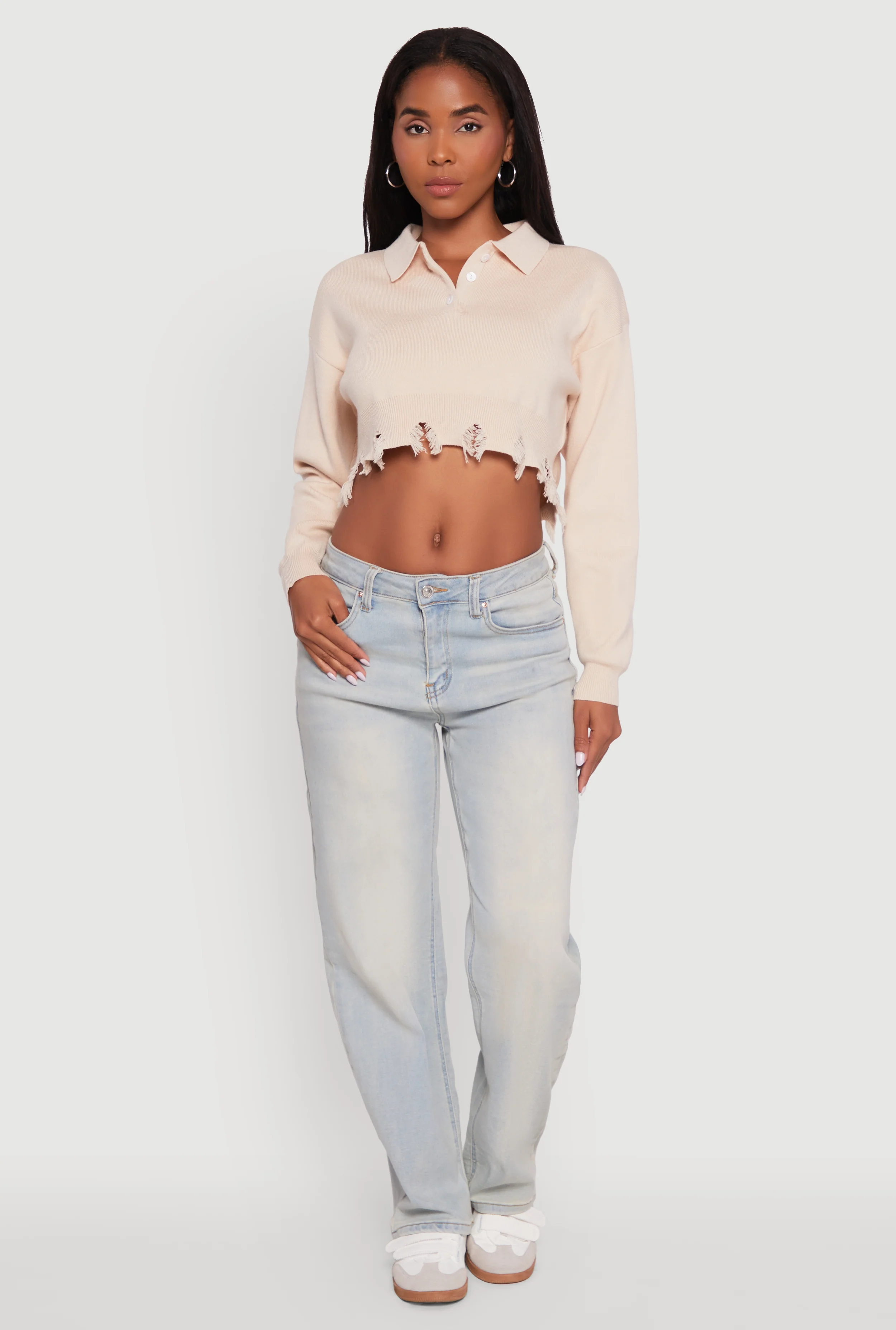 Frayed High Low Hem Cropped Long Sleeve Sweater