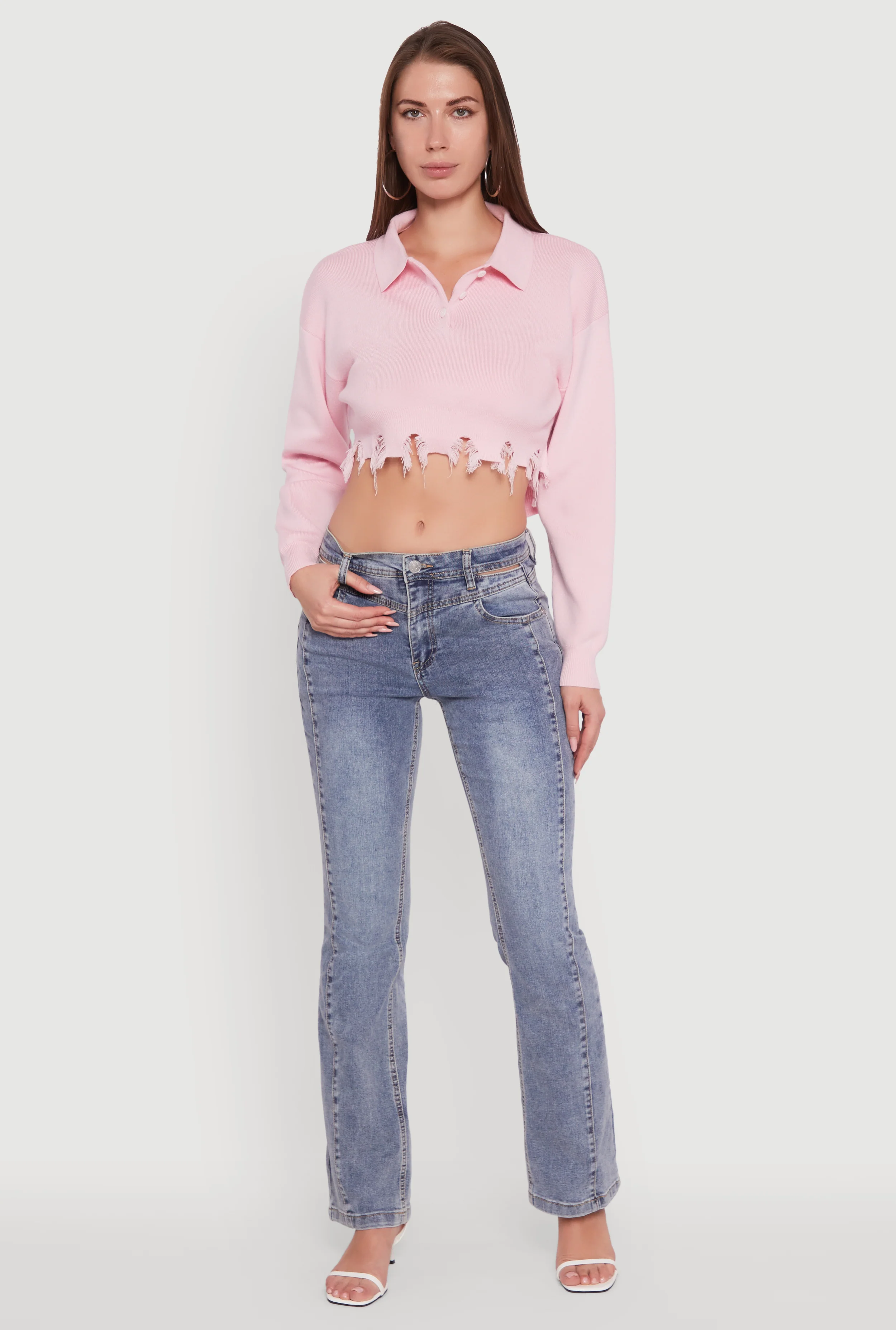 Frayed High Low Hem Cropped Long Sleeve Sweater